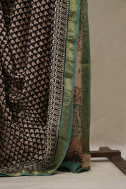 Black Cotton Silk Saree With Maheshwari Border - SRBCSS1518