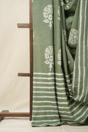 Olive Green n White HBP Cotton Saree - SROWCS2877
