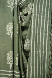 Olive Green n White HBP Cotton Saree - SROWCS2877