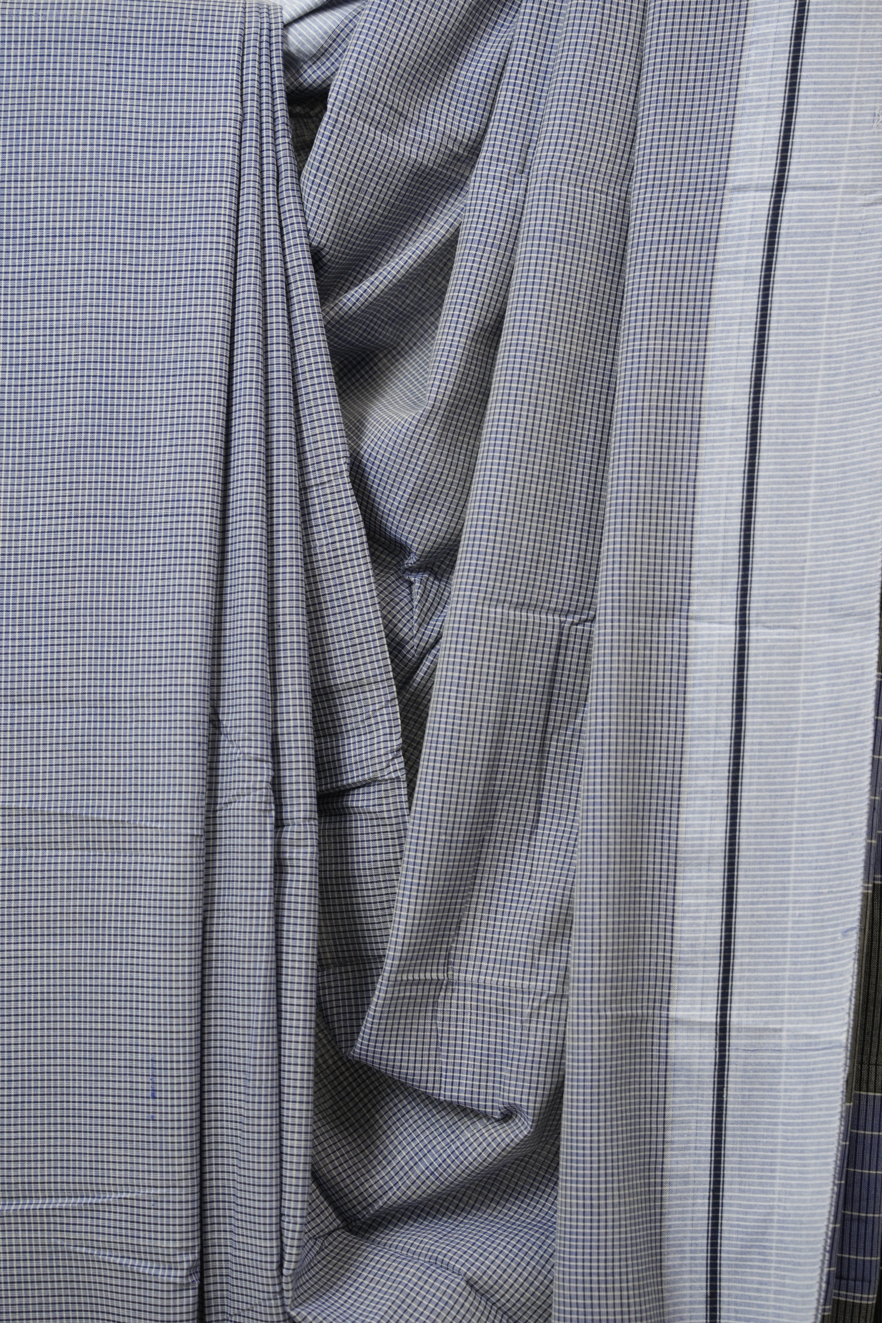 Light Blue Small Checks Cotton Patteda Anchu Saree - SRLBPAS317