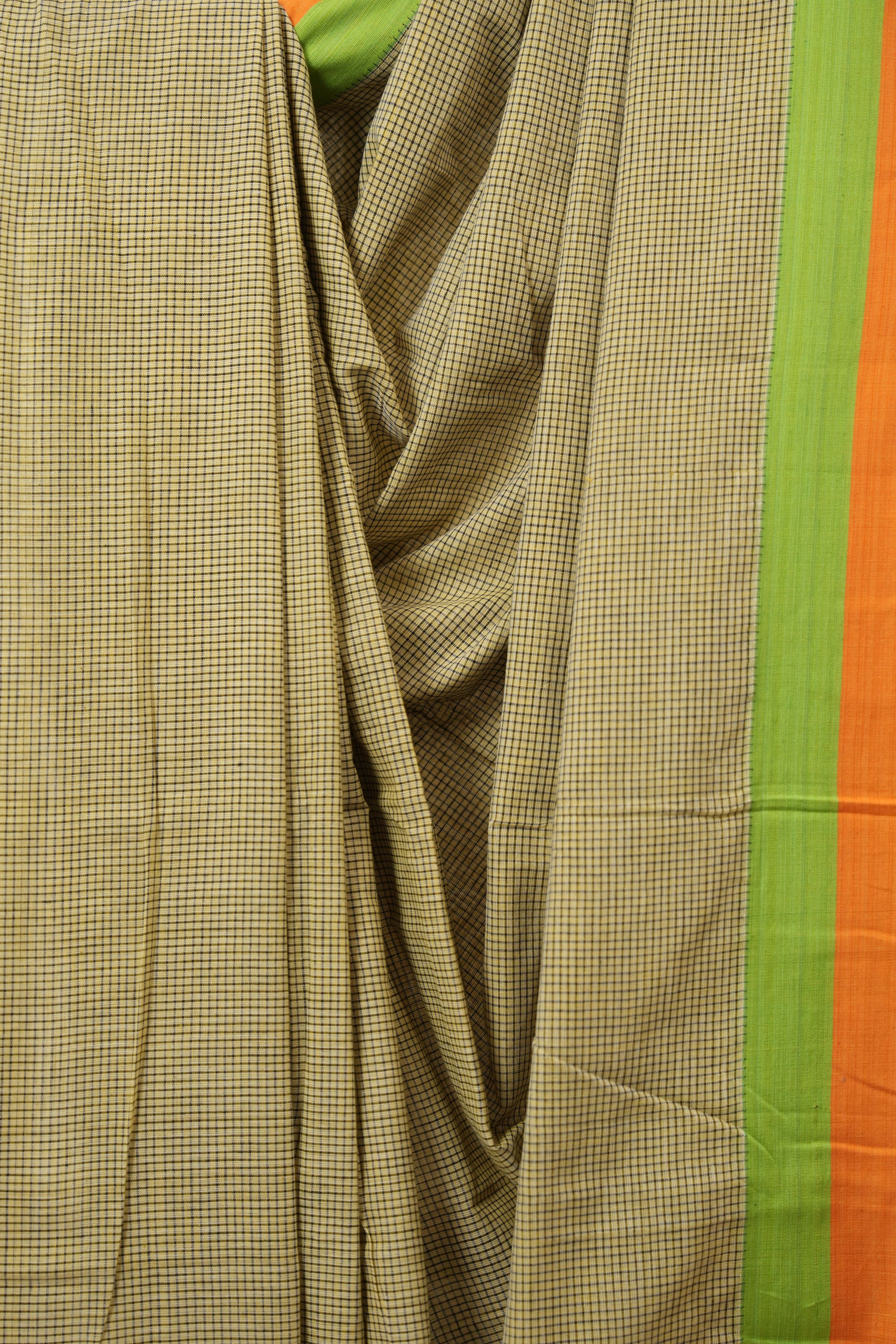 Yellow Small Checks Cotton Patteda Anchu Saree - SRYPAS338