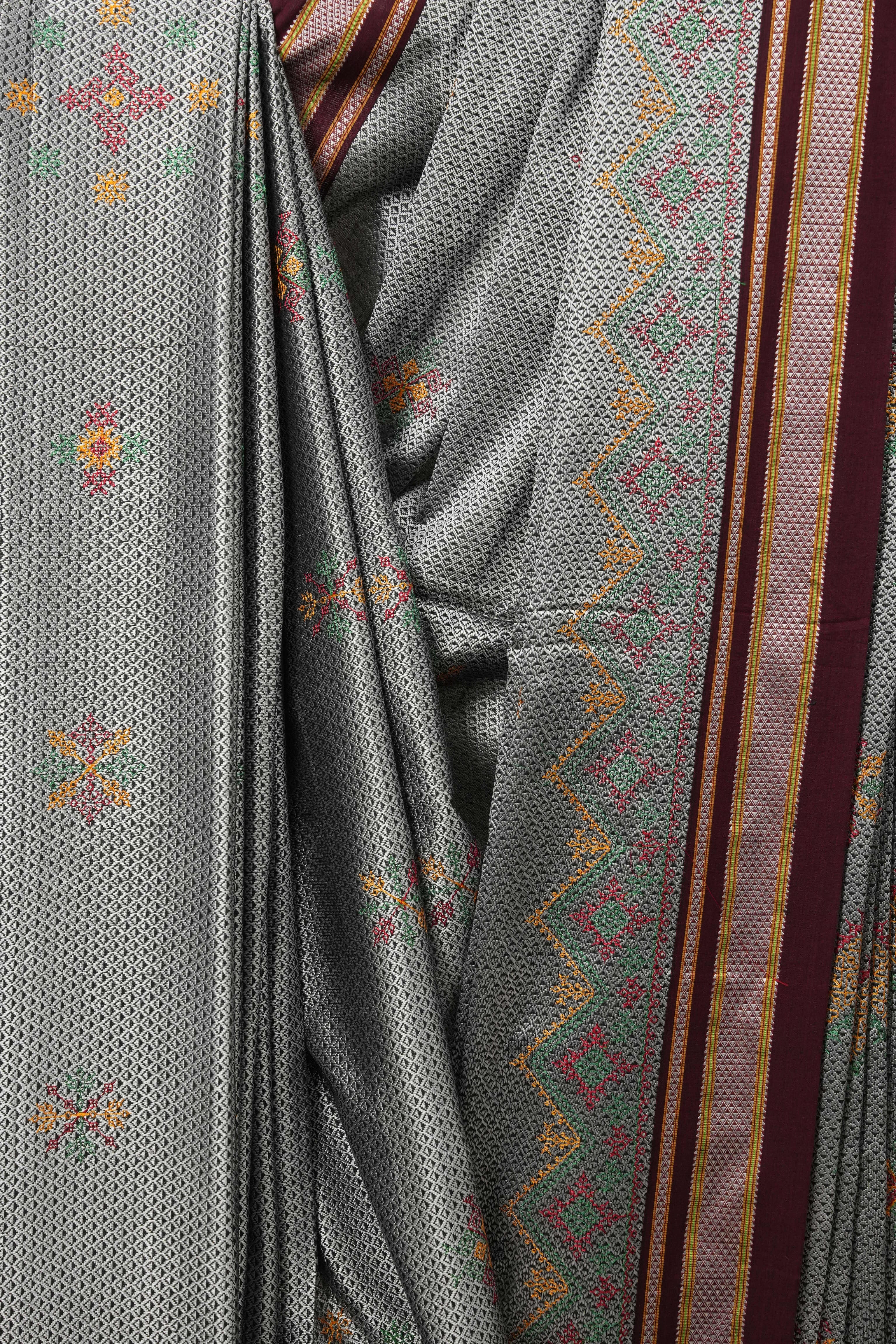 Grey Kasuti Khun Saree - SRGKKS43