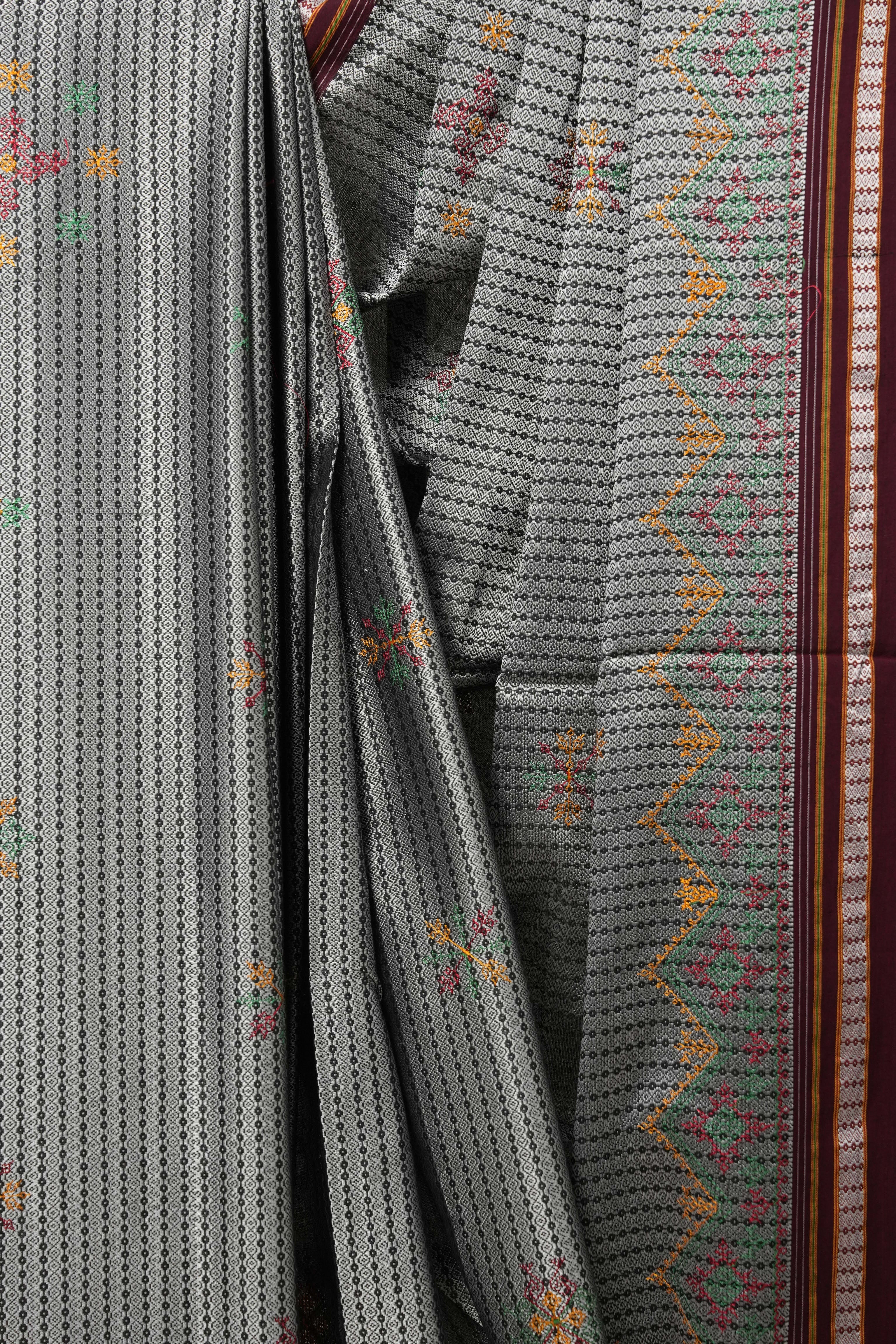 Grey Kasuti Khun Saree - SRGKKS10