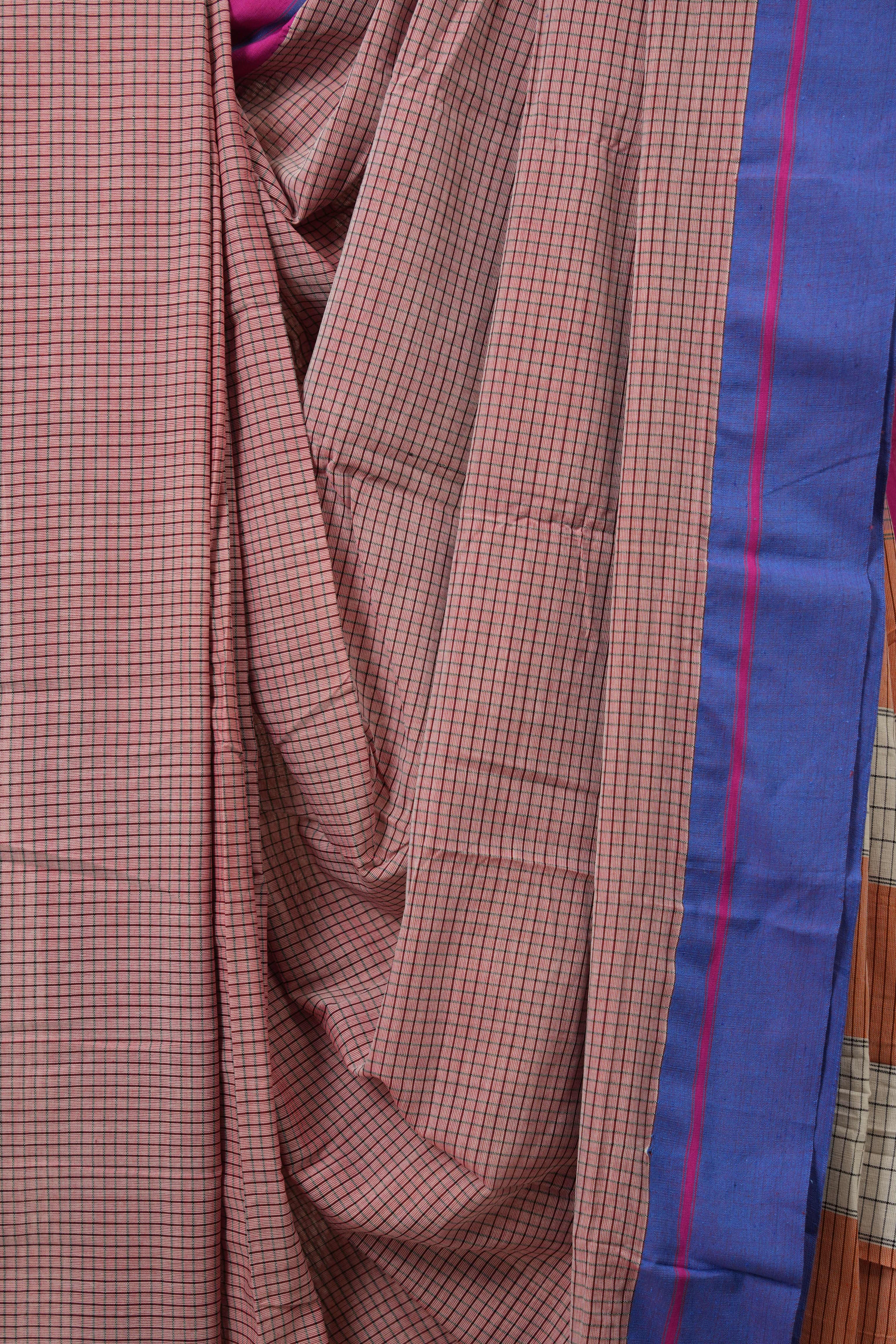 Reddish Pink Big Checks Cotton Patteda Anchu Saree - SRRPPAS314