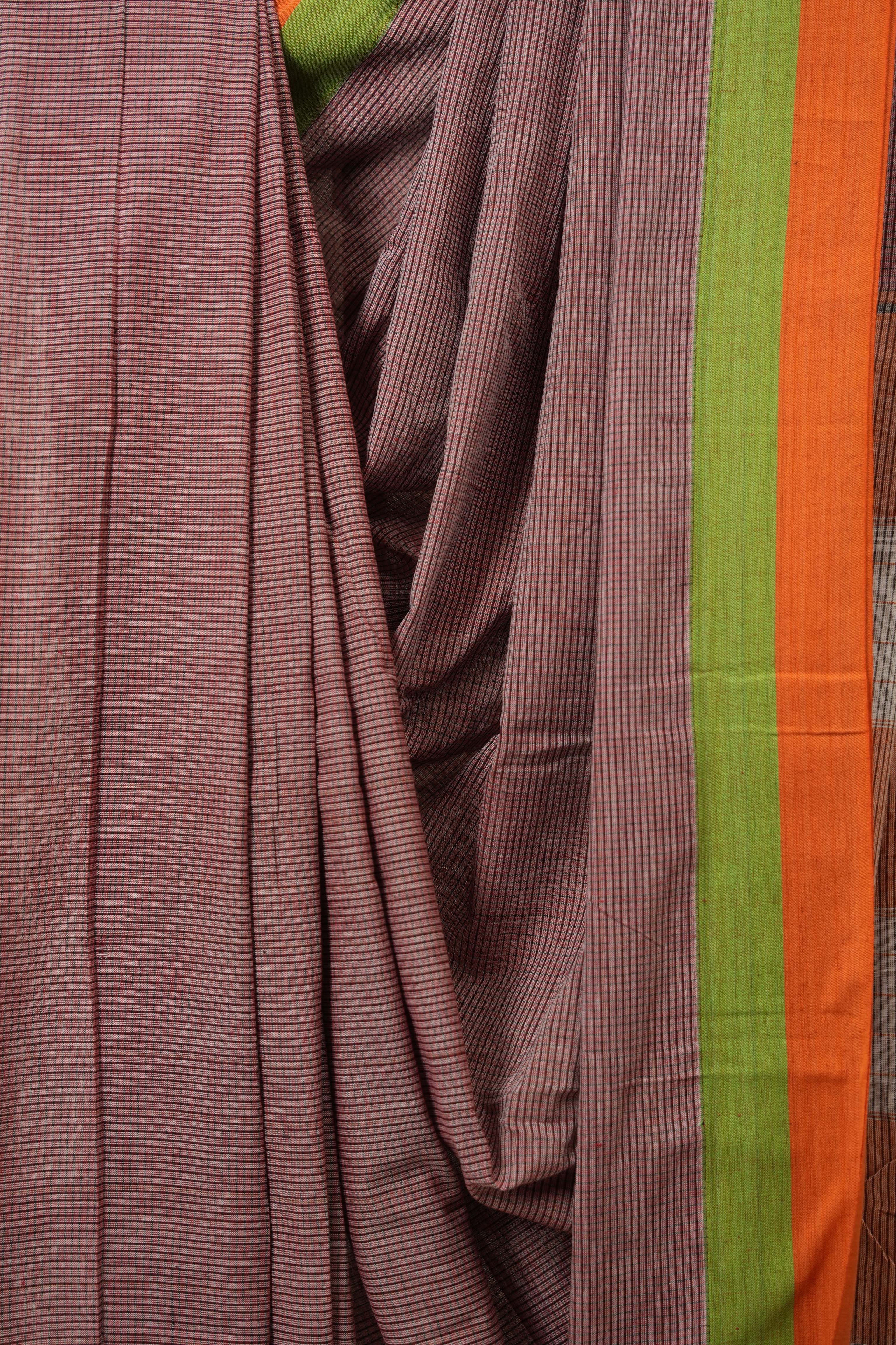 Reddish Pink Small Checks Cotton Patteda Anchu Saree - SRRPPAS316