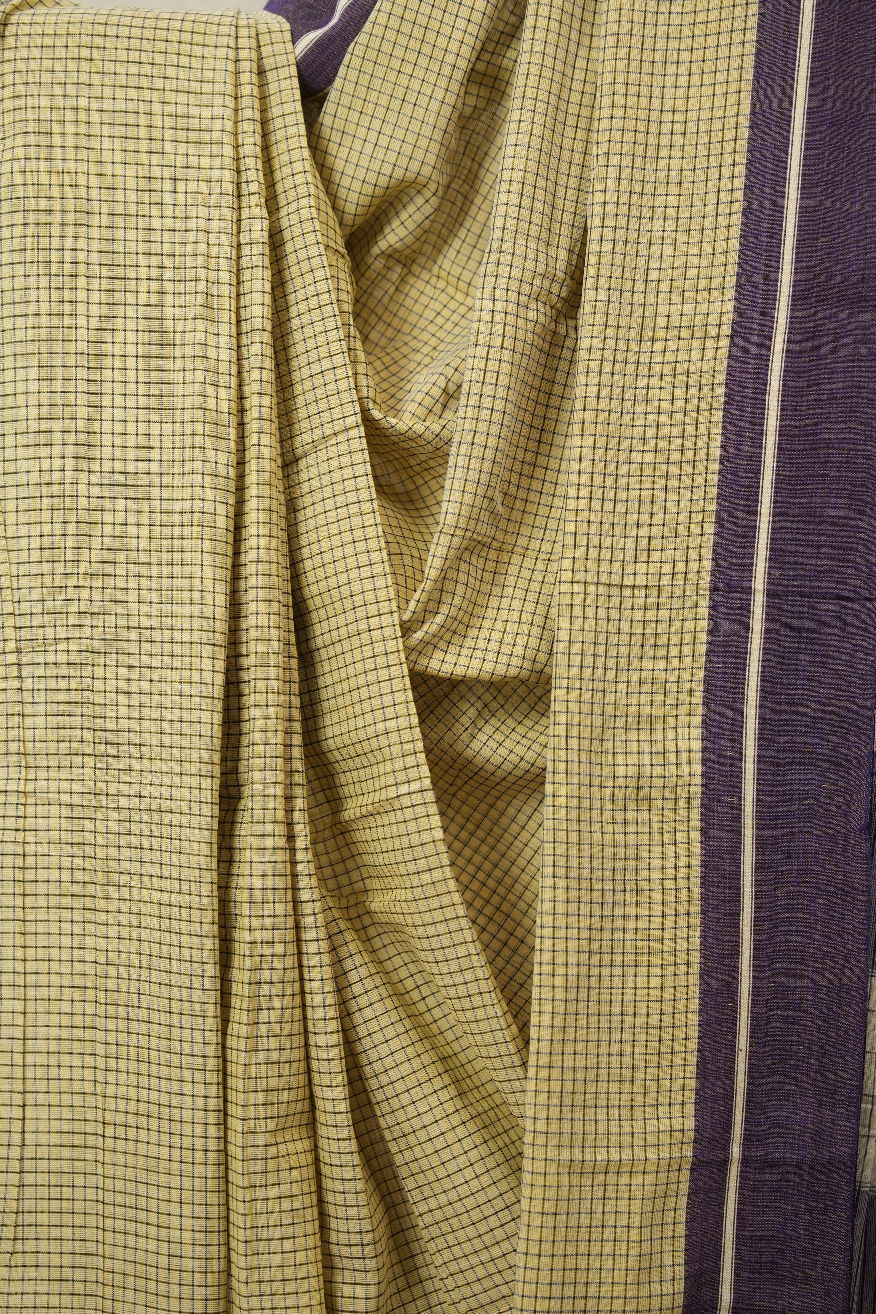 Yellow Big Checks Cotton Patteda Anchu Saree - SRYPAS313