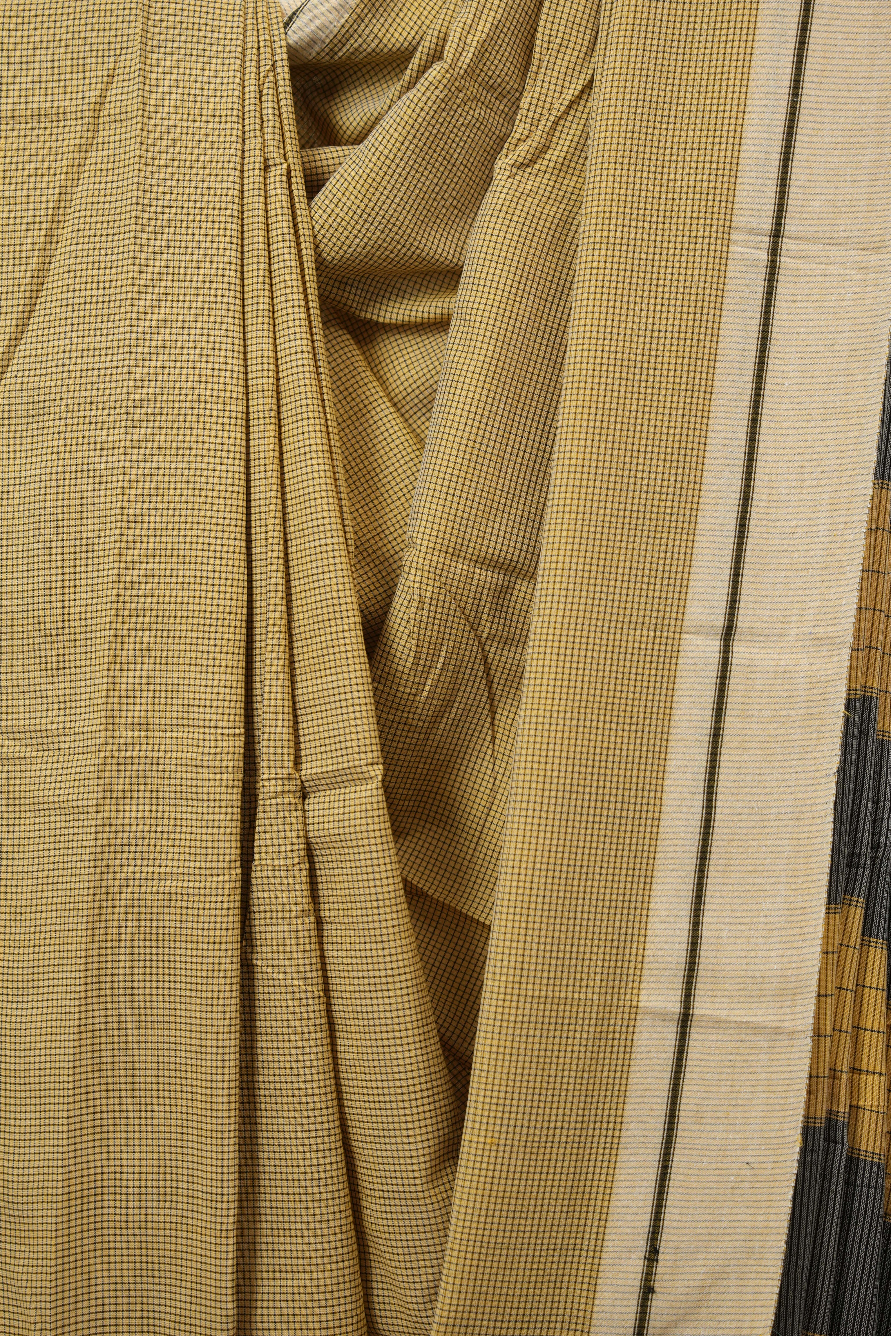 Yellow Small Checks Cotton Patteda Anchu Saree - SRYPAS320