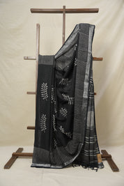 Black HBP Slub Cotton Saree- SRBHBPSCS110
