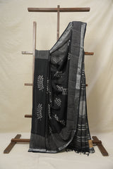 Black HBP Slub Cotton Saree- SRBHBPSCS110