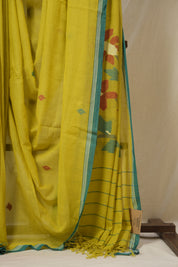 Lime Yellow Mul Bengal Cotton Jamdani Saree - SRLYCJS245