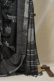 Black HBP Slub Cotton Saree- SRBHBPSCS110