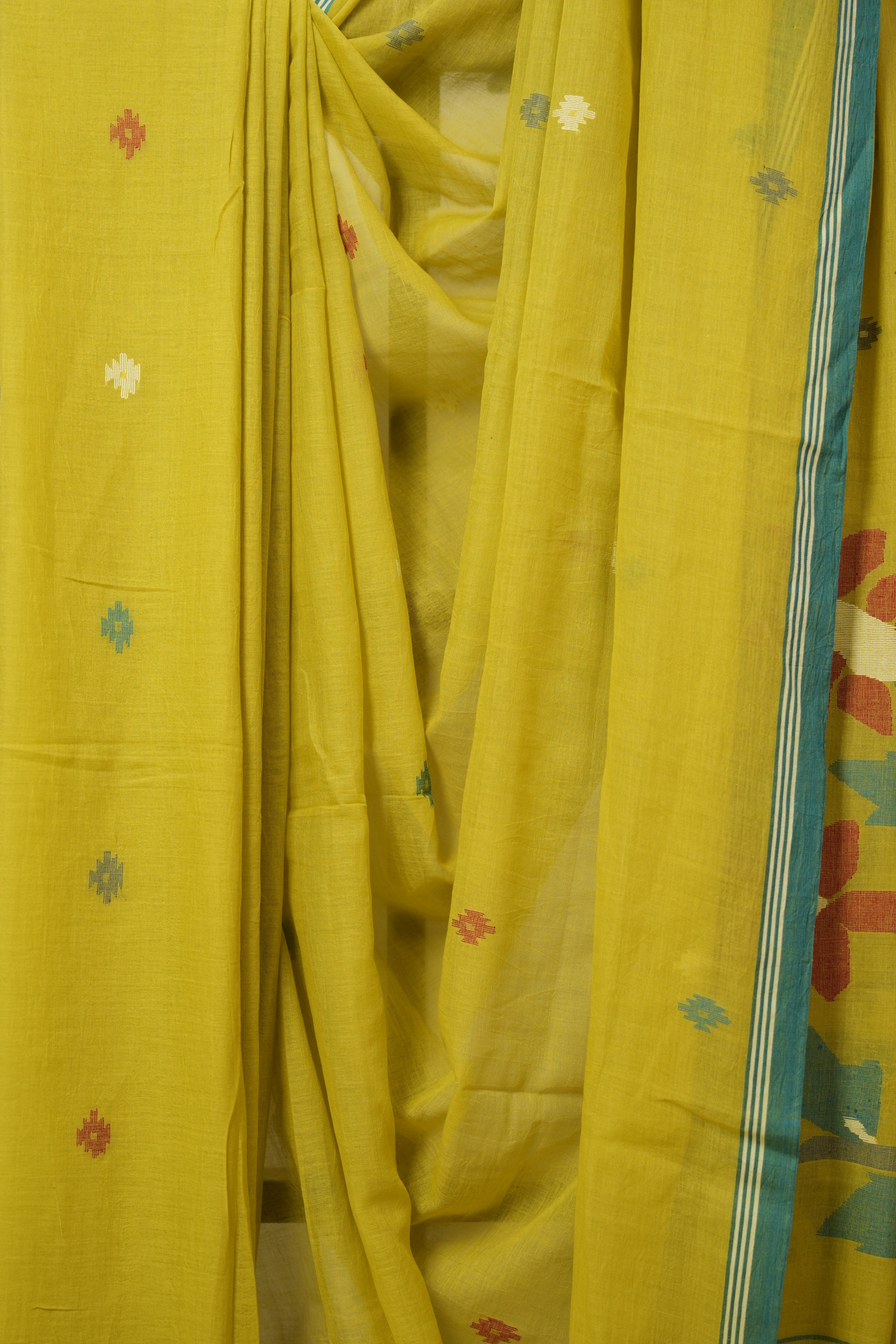 Lime Yellow Mul Bengal Cotton Jamdani Saree - SRLYCJS245