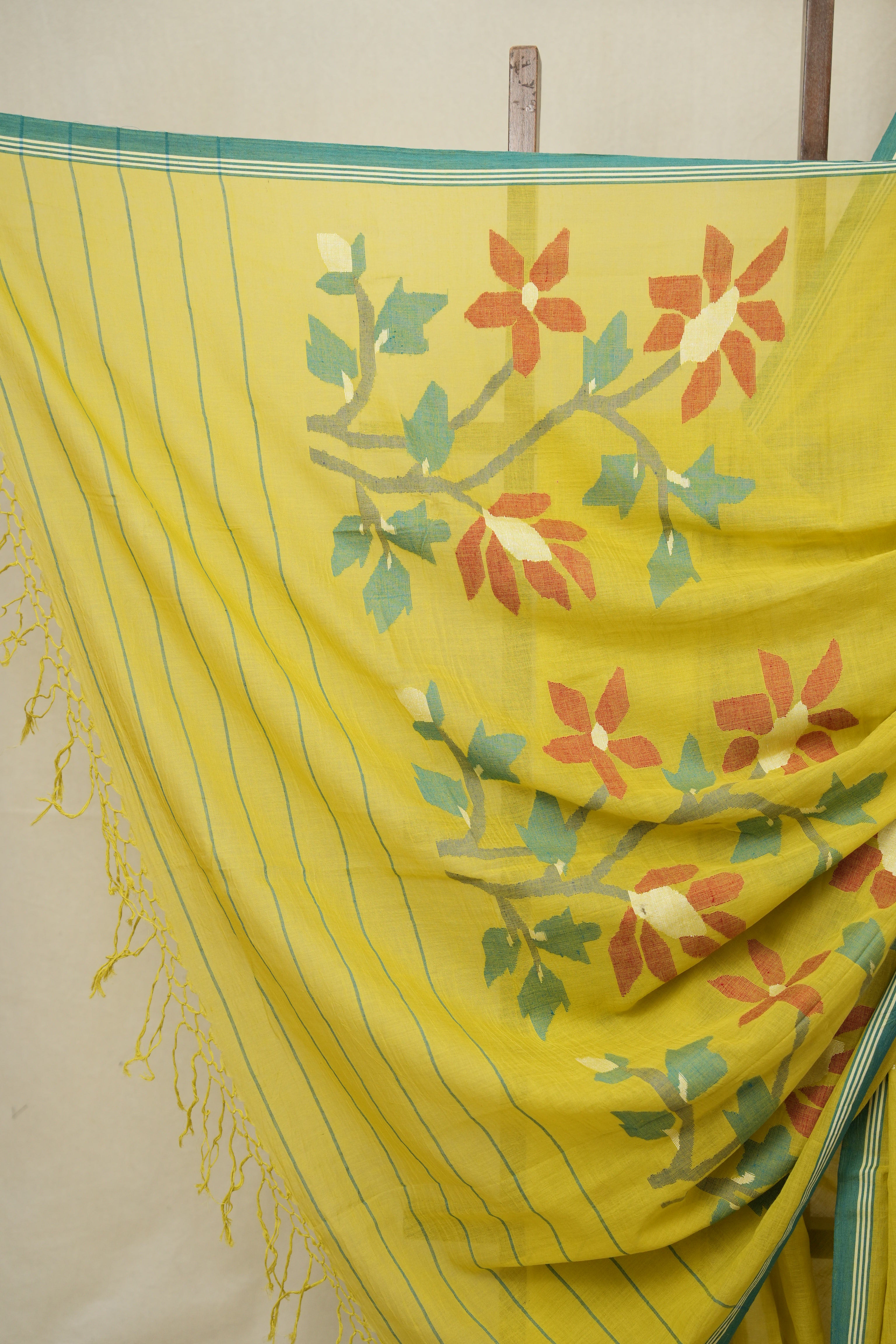 Lime Yellow Mul Bengal Cotton Jamdani Saree - SRLYCJS245