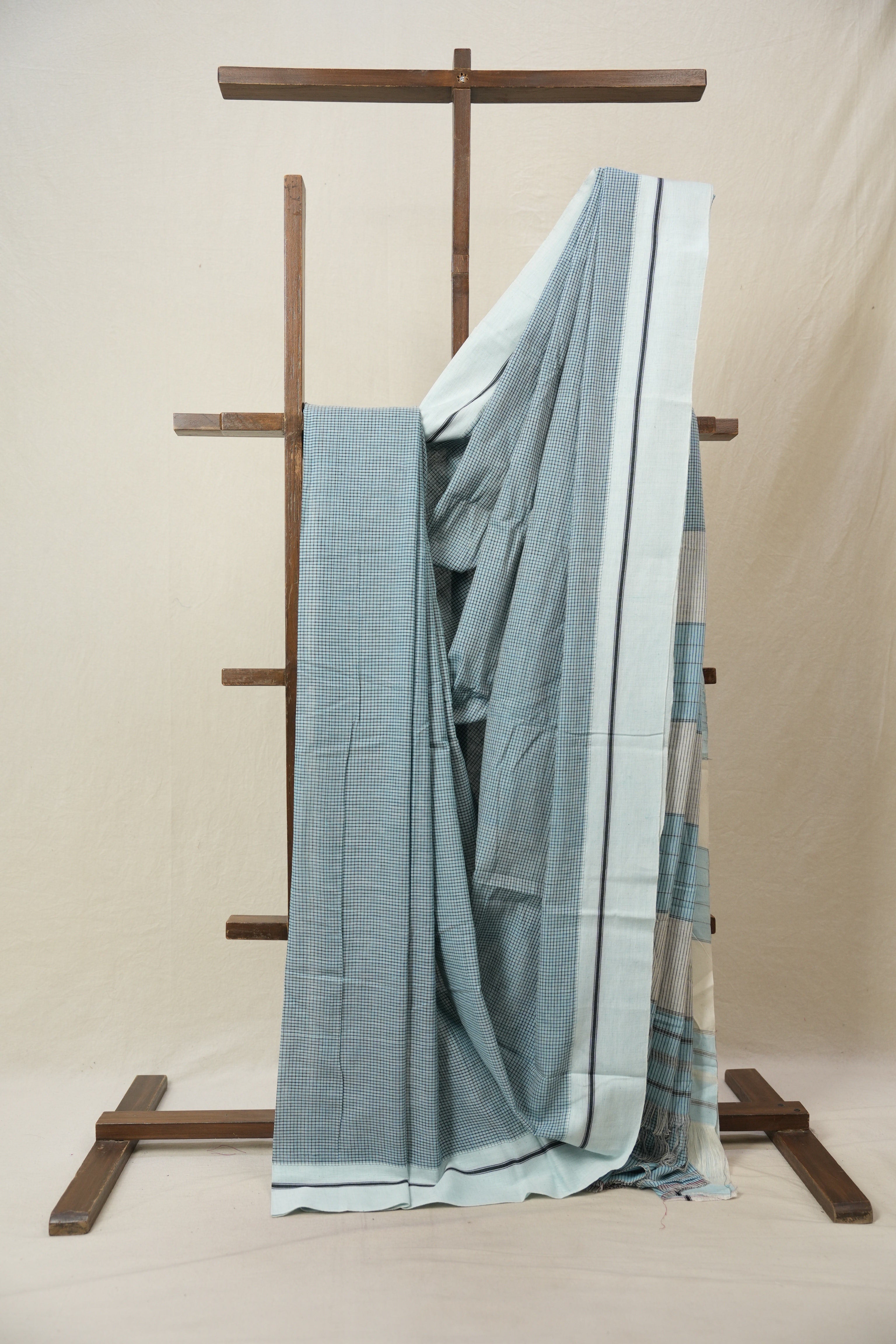 Sky Blue Small Checks Cotton Patteda Anchu Saree - SRSBPAS325
