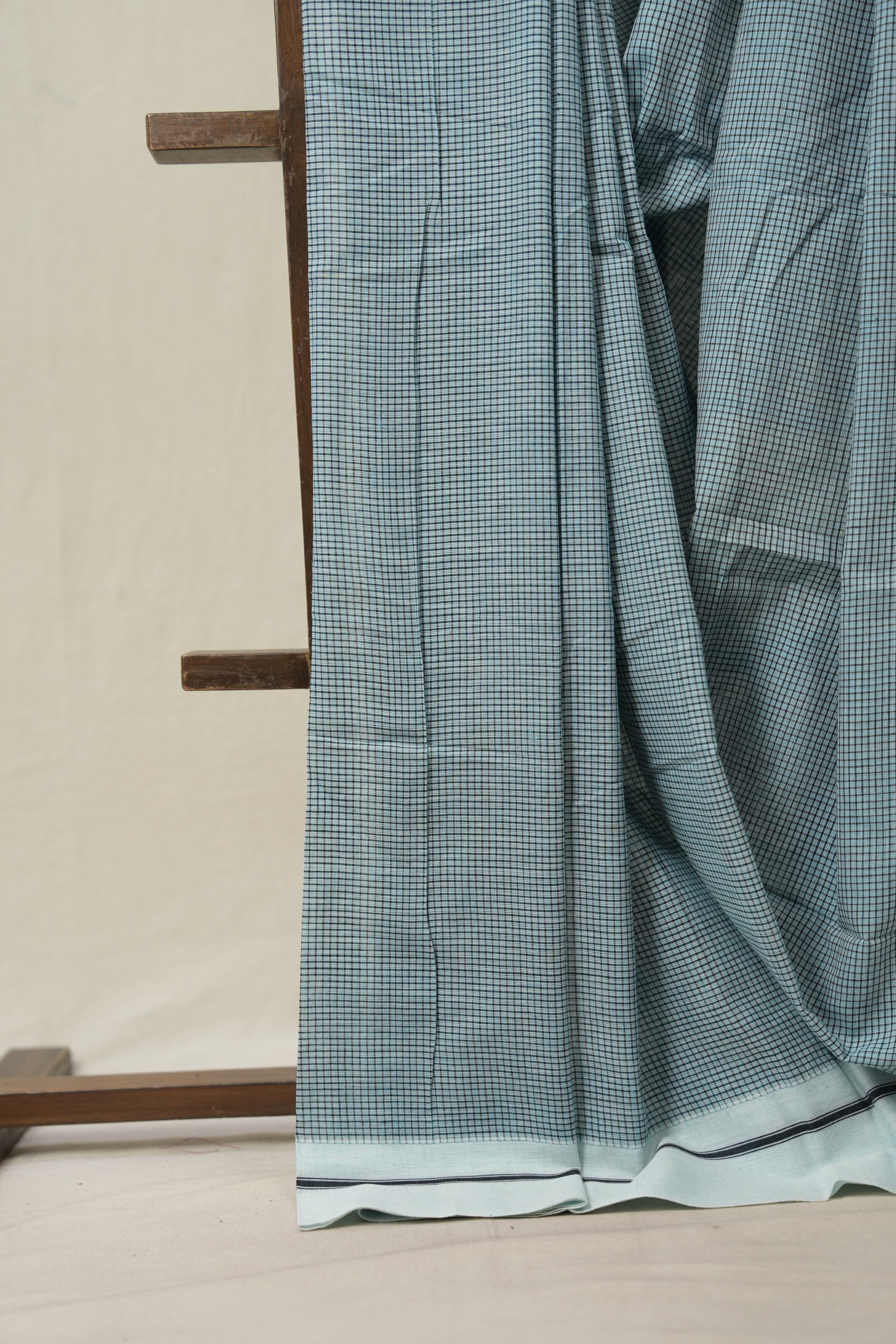 Sky Blue Small Checks Cotton Patteda Anchu Saree - SRSBPAS325