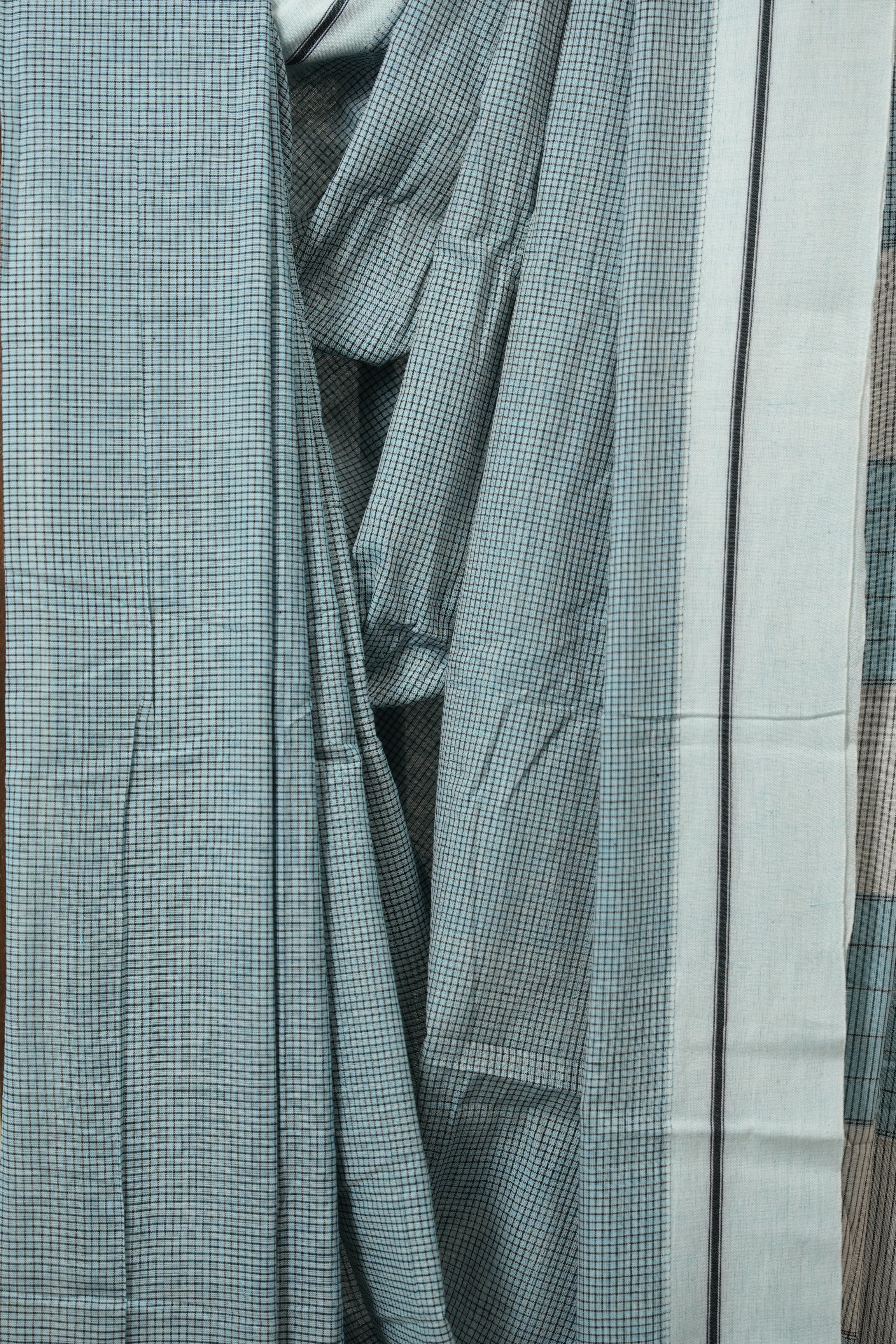 Sky Blue Small Checks Cotton Patteda Anchu Saree - SRSBPAS325