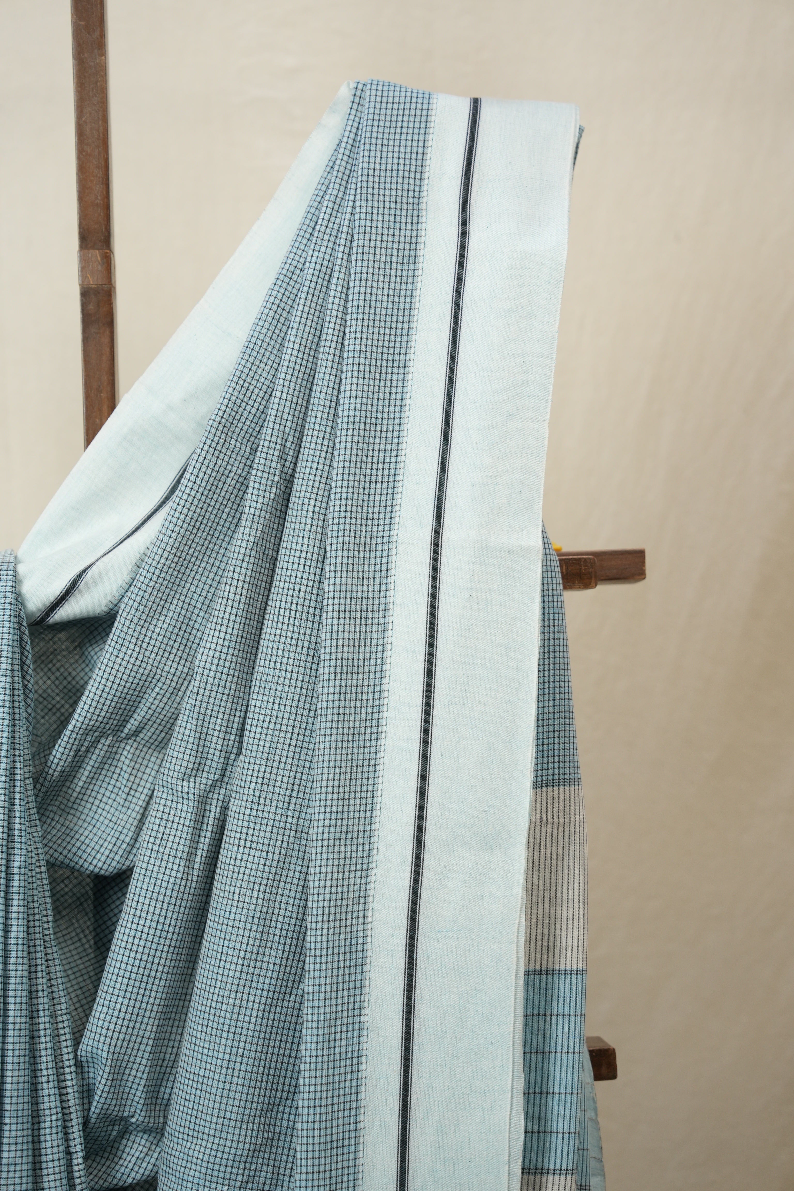 Sky Blue Small Checks Cotton Patteda Anchu Saree - SRSBPAS325