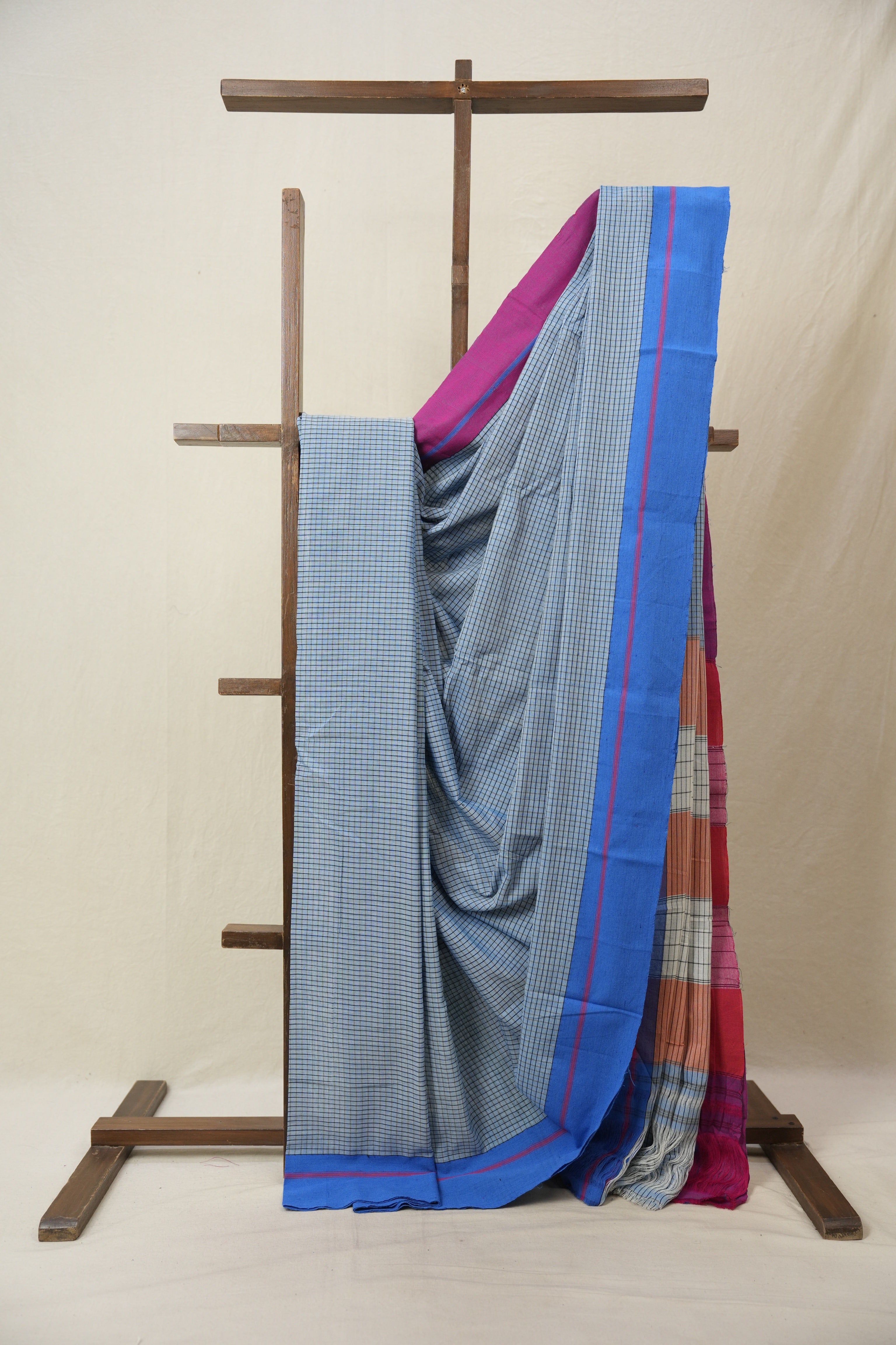 Sky Blue Big Checks Cotton Patteda Anchu Saree - SRSBPAS322