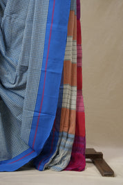 Sky Blue Big Checks Cotton Patteda Anchu Saree - SRSBPAS322