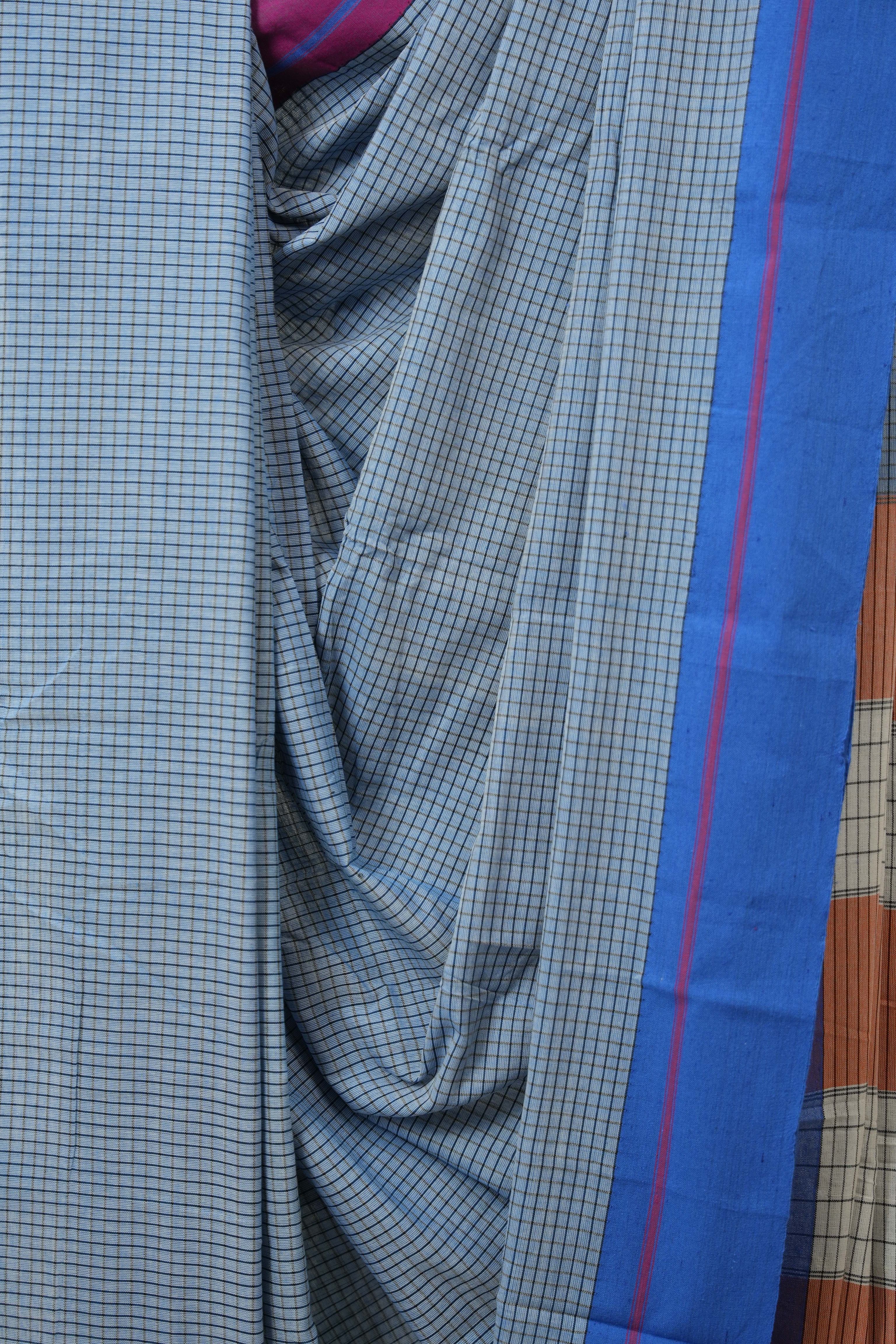 Sky Blue Big Checks Cotton Patteda Anchu Saree - SRSBPAS322