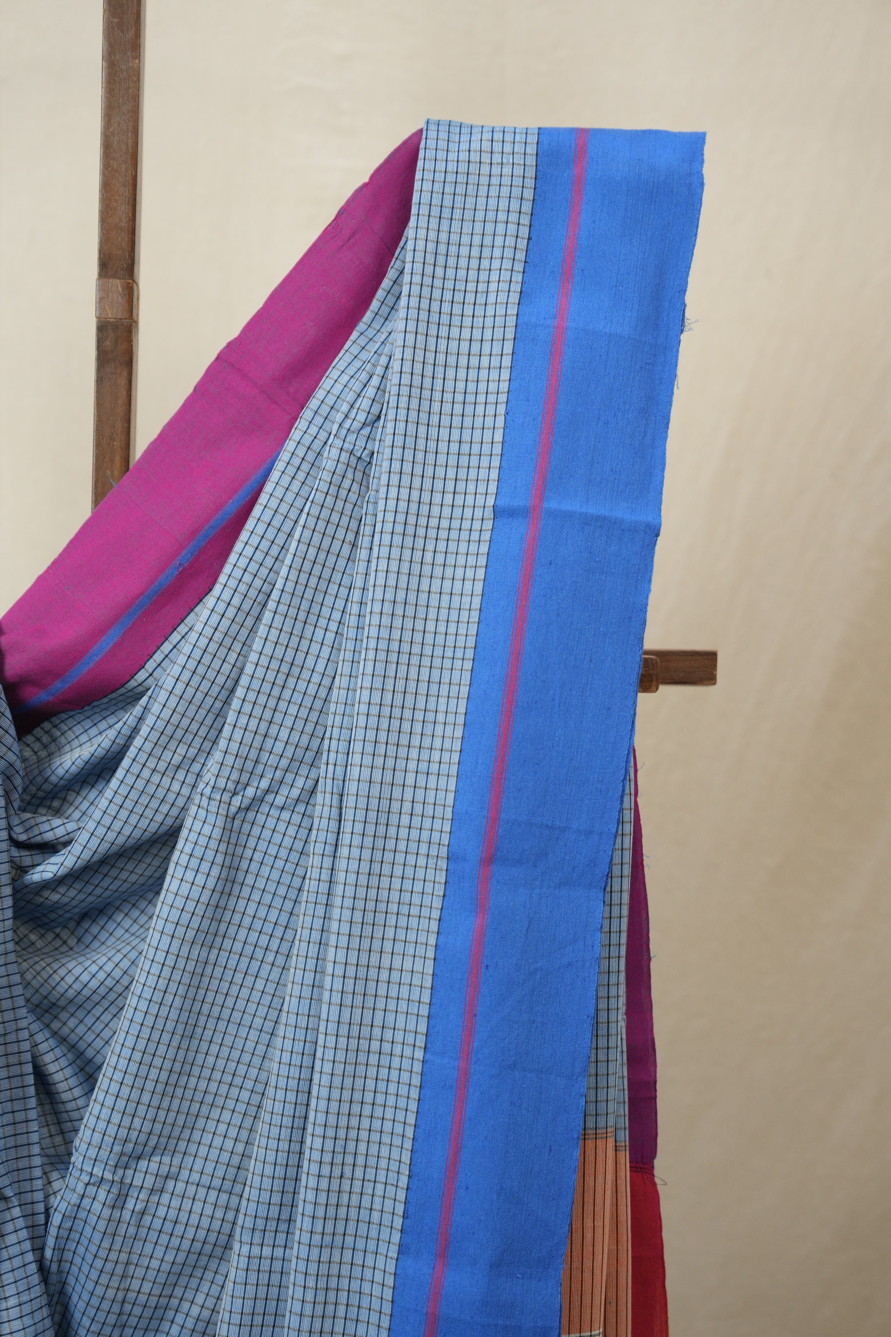 Sky Blue Big Checks Cotton Patteda Anchu Saree - SRSBPAS322