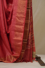 Red Tussar Silk Saree - SRRTSS1869