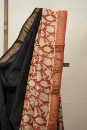 Black HBP Cotton Silk Saree With Maheshwari Border - SRBCSS1293