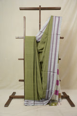 Olive Green Cotton IIkal Saree With Gayatri Border - SROGCIS899
