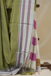 Olive Green Cotton IIkal Saree With Gayatri Border - SROGCIS899