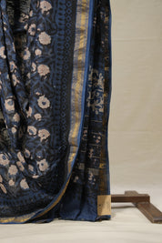 Black Blue HBP Cotton Silk Saree With Maheshwari Border - SRBBCSS1298