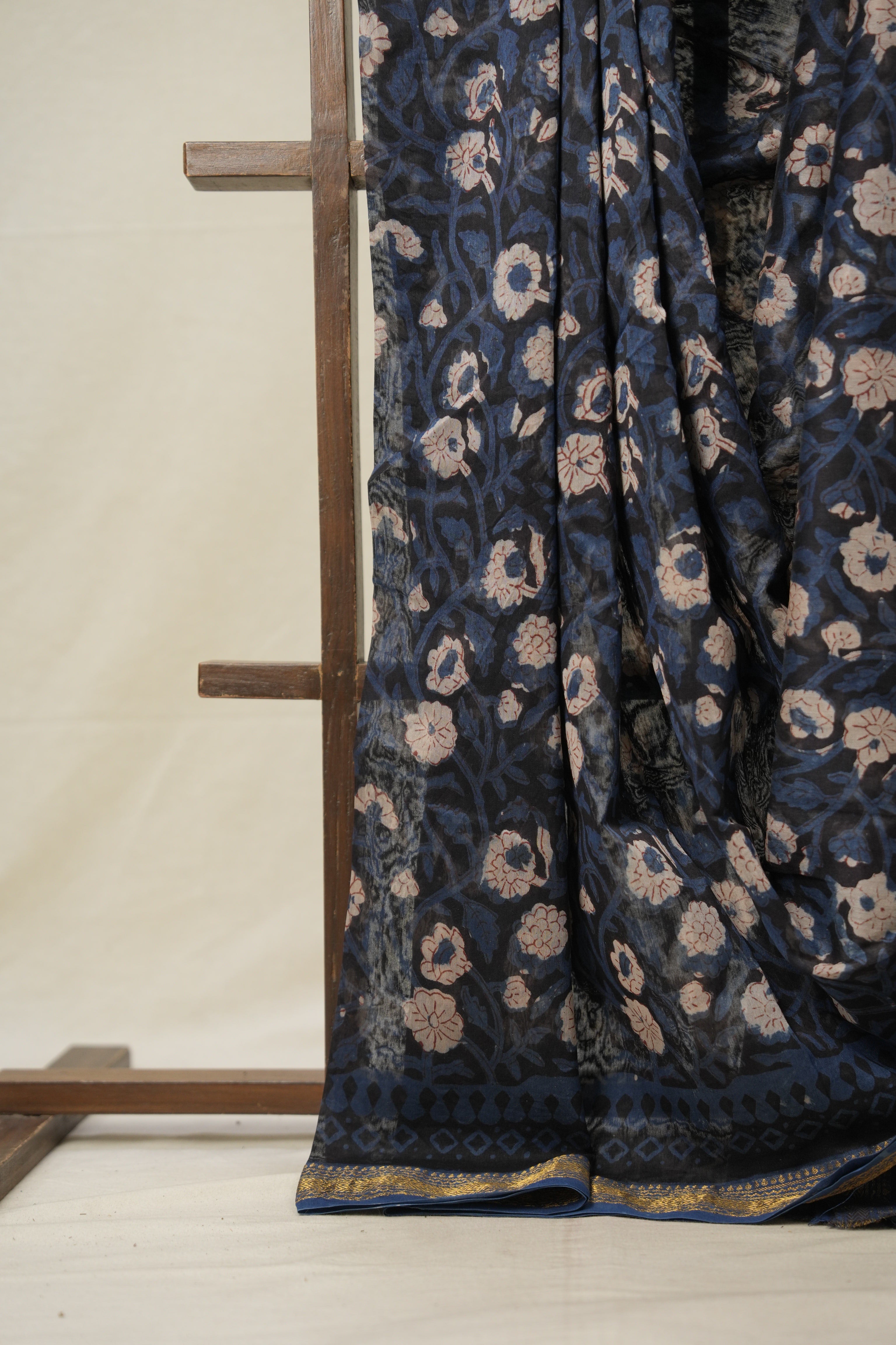 Black Blue HBP Cotton Silk Saree With Maheshwari Border - SRBBCSS1298