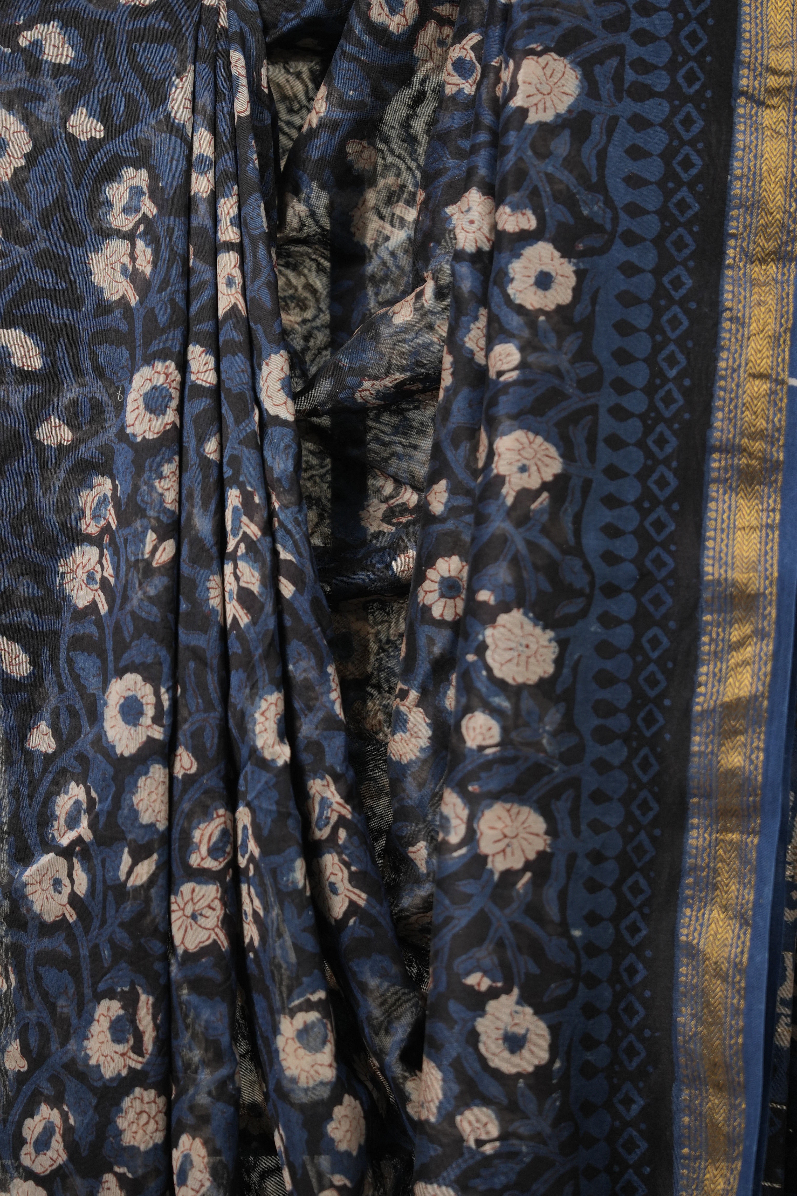 Black Blue HBP Cotton Silk Saree With Maheshwari Border - SRBBCSS1298