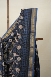 Black Blue HBP Cotton Silk Saree With Maheshwari Border - SRBBCSS1298