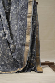 Ash Blue HBP Cotton Silk Saree With Maheshwari Border - SRABCSS1280