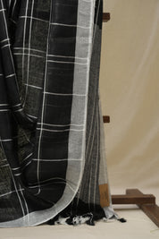 Black Linen Saree With Tassels - SRBLS504