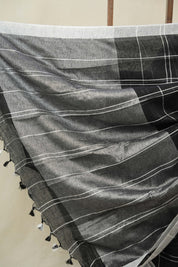 Black Linen Saree With Tassels - SRBLS504