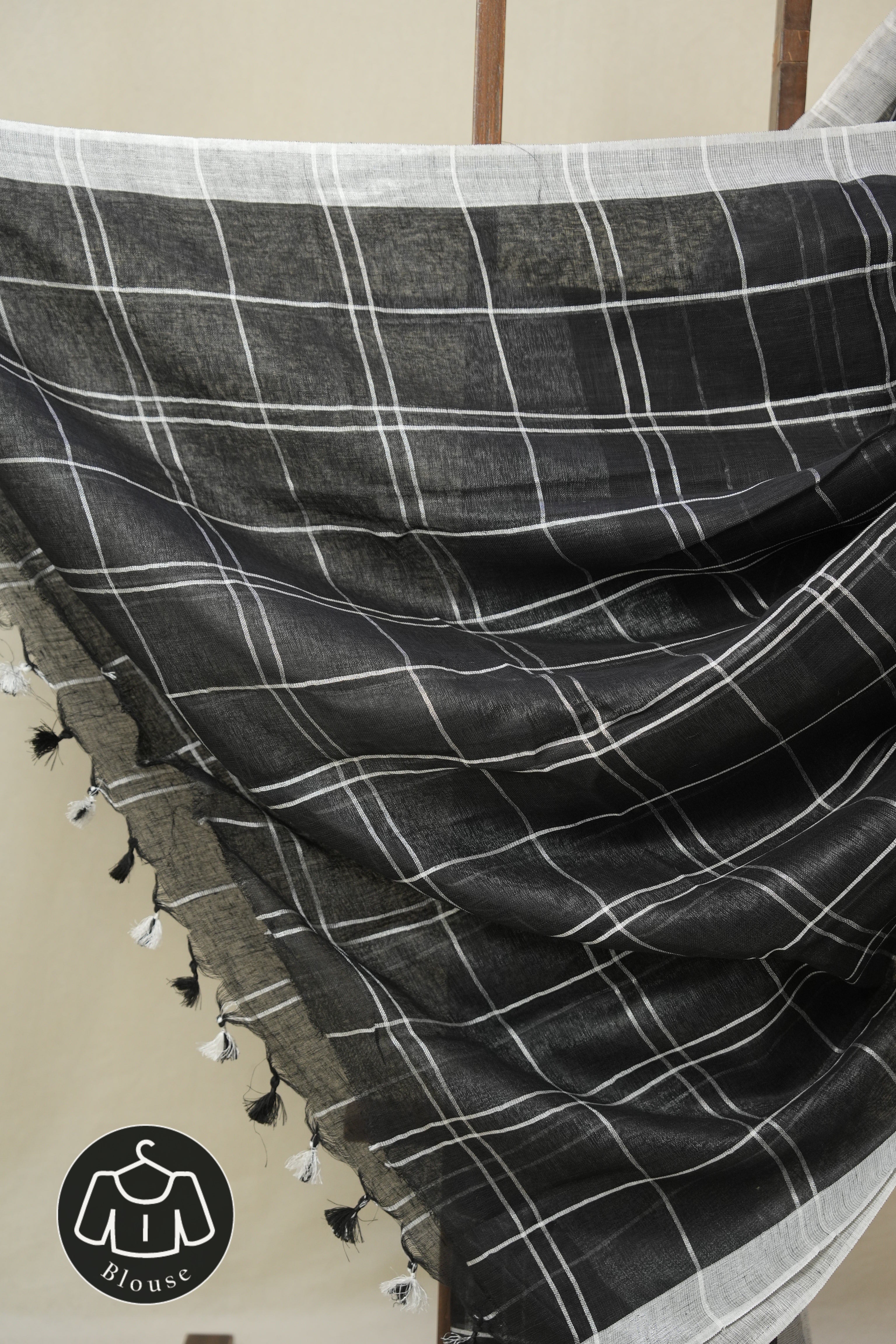 Black Linen Saree With Tassels - SRBLS504