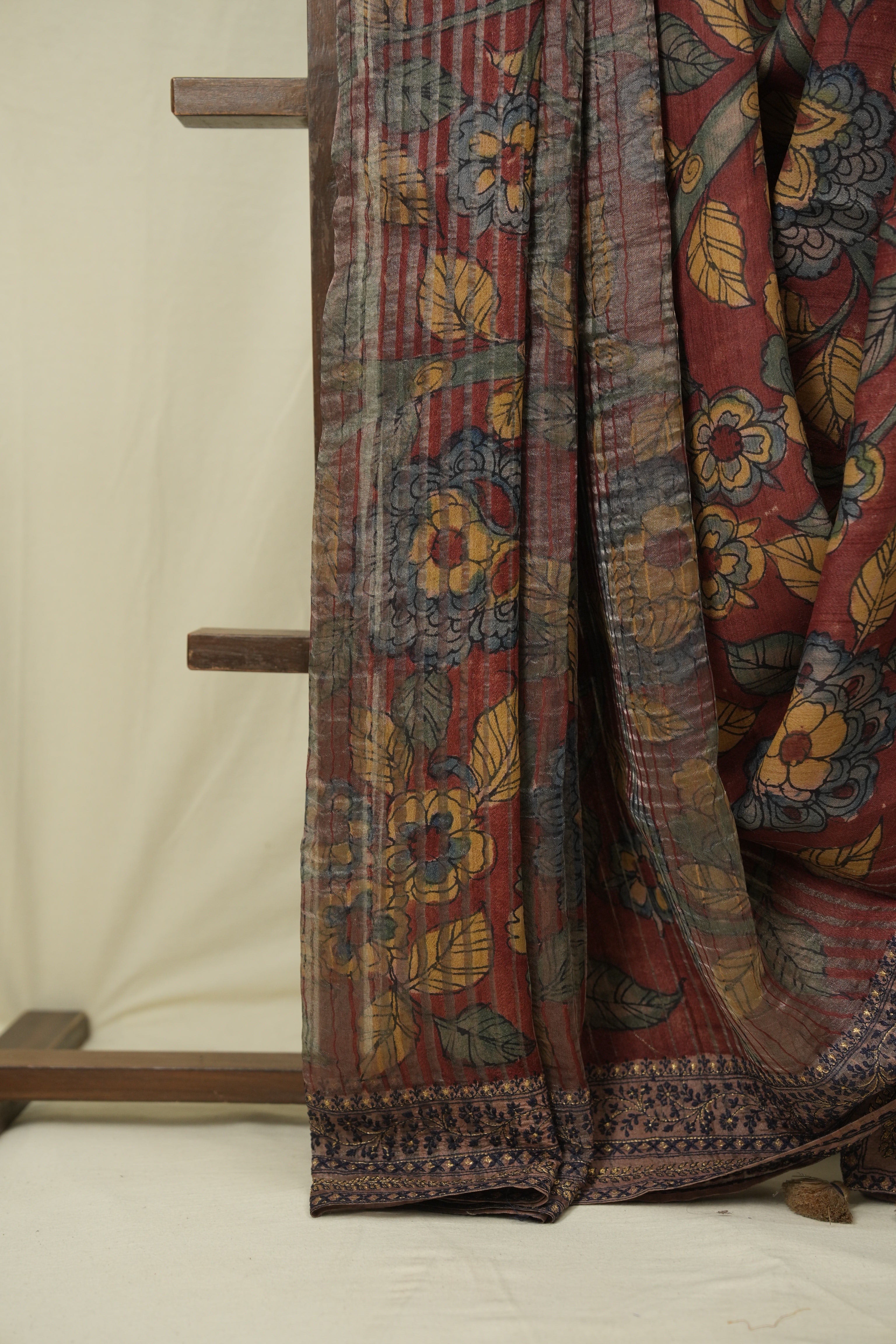Maroon Kalamkari Tussar Silk Saree - SRMKTSS42