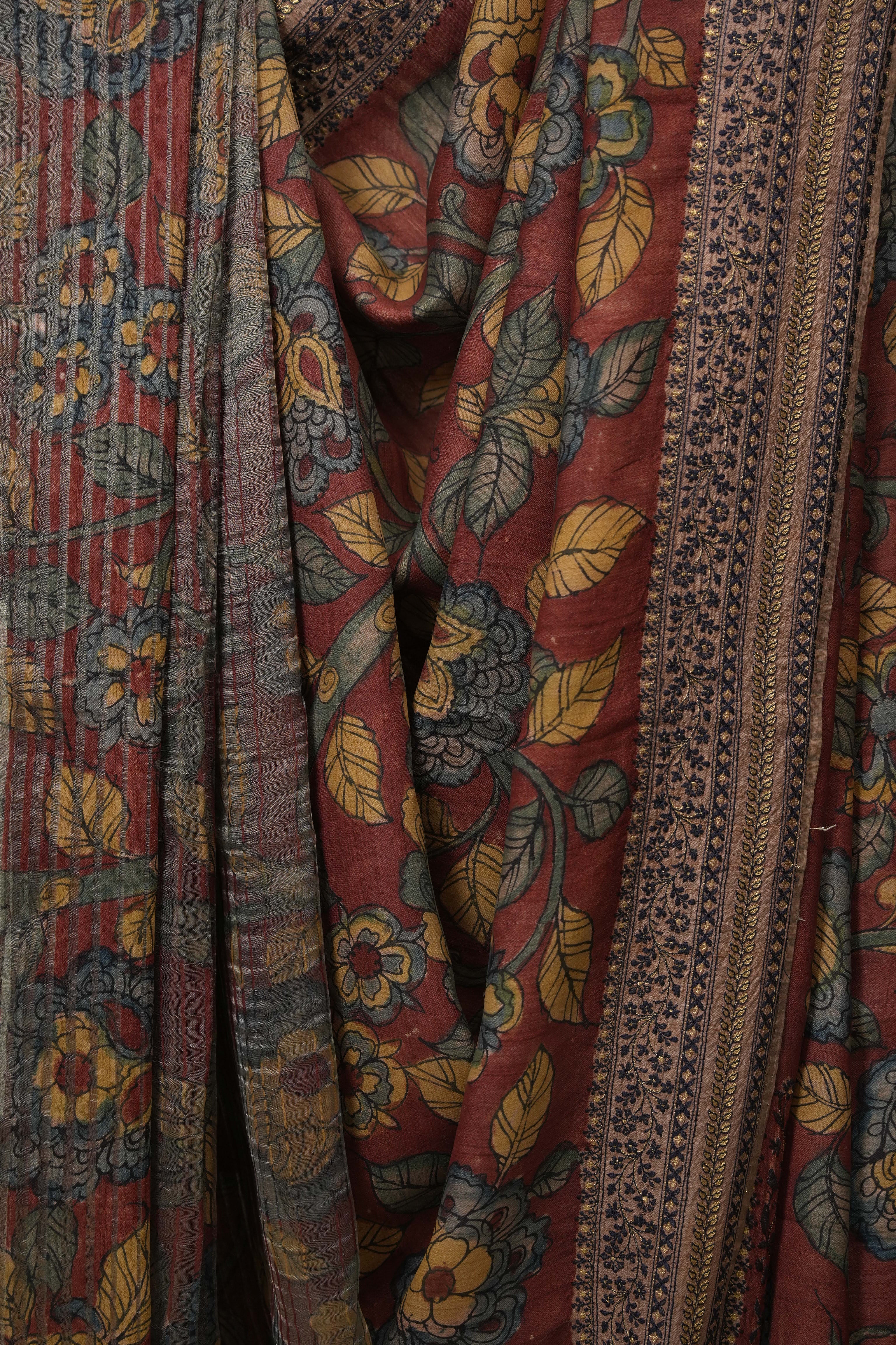 Maroon Kalamkari Tussar Silk Saree - SRMKTSS42