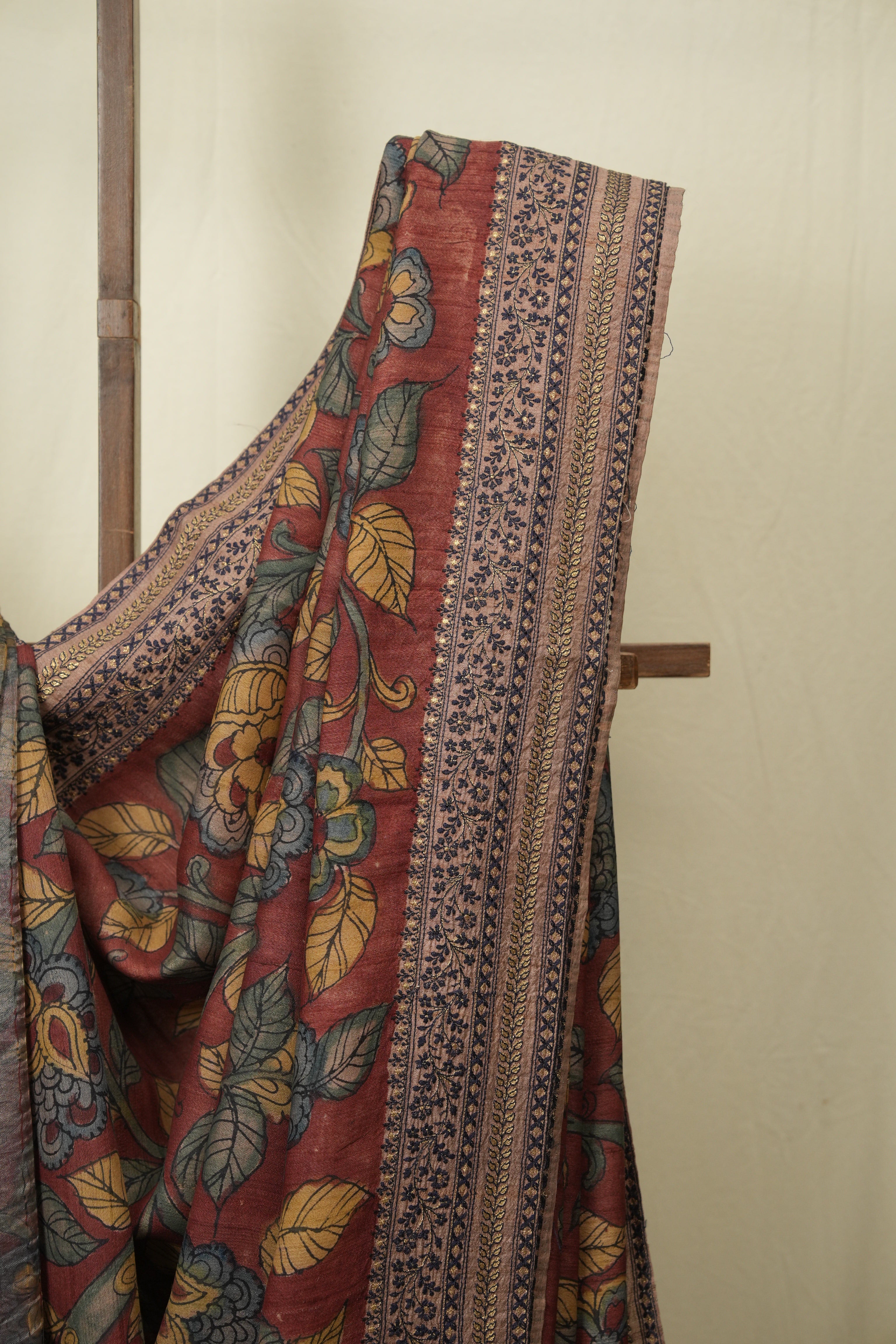 Maroon Kalamkari Tussar Silk Saree - SRMKTSS42