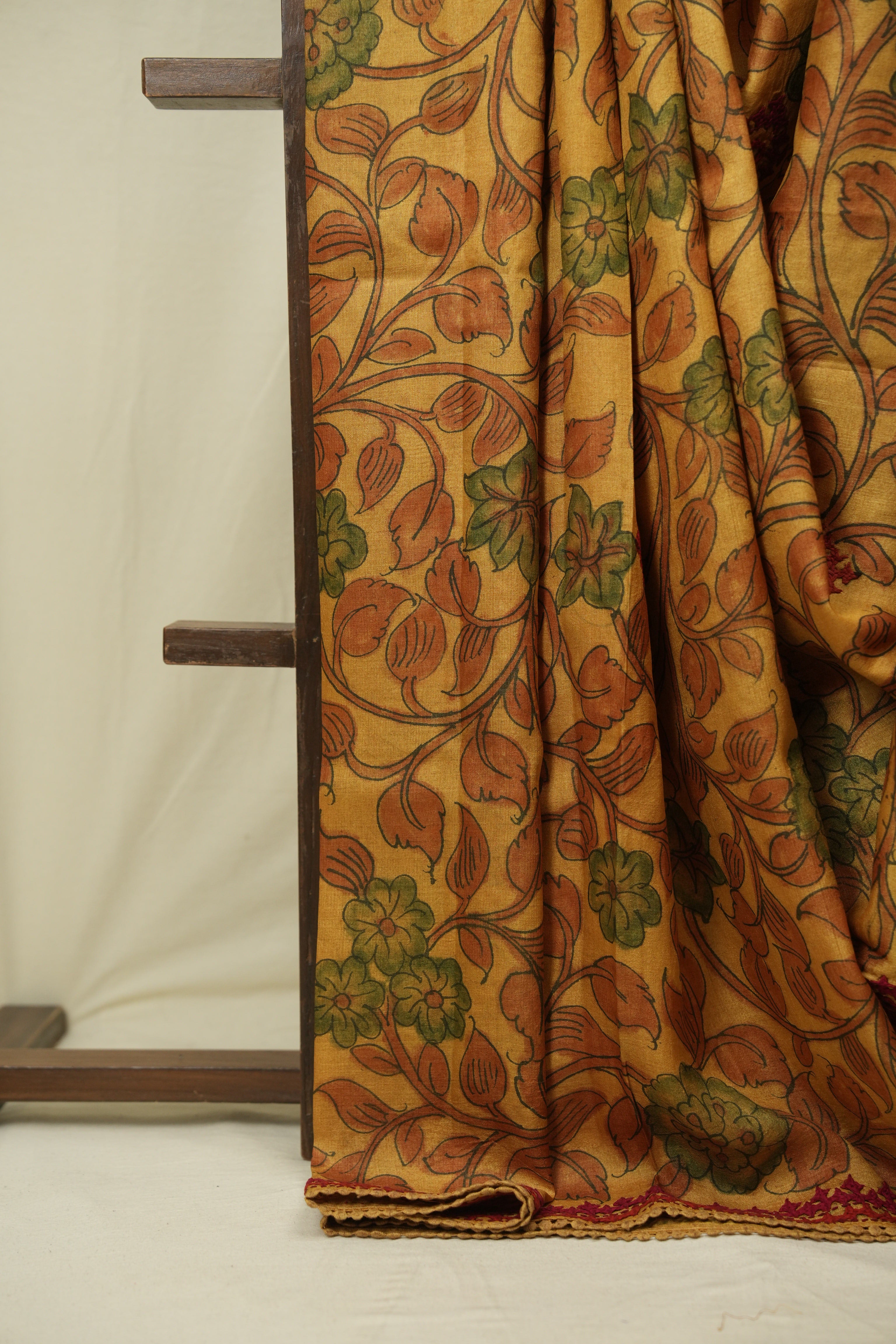 Mustard Kalamkari Tussar Silk saree - SRMKTSS44