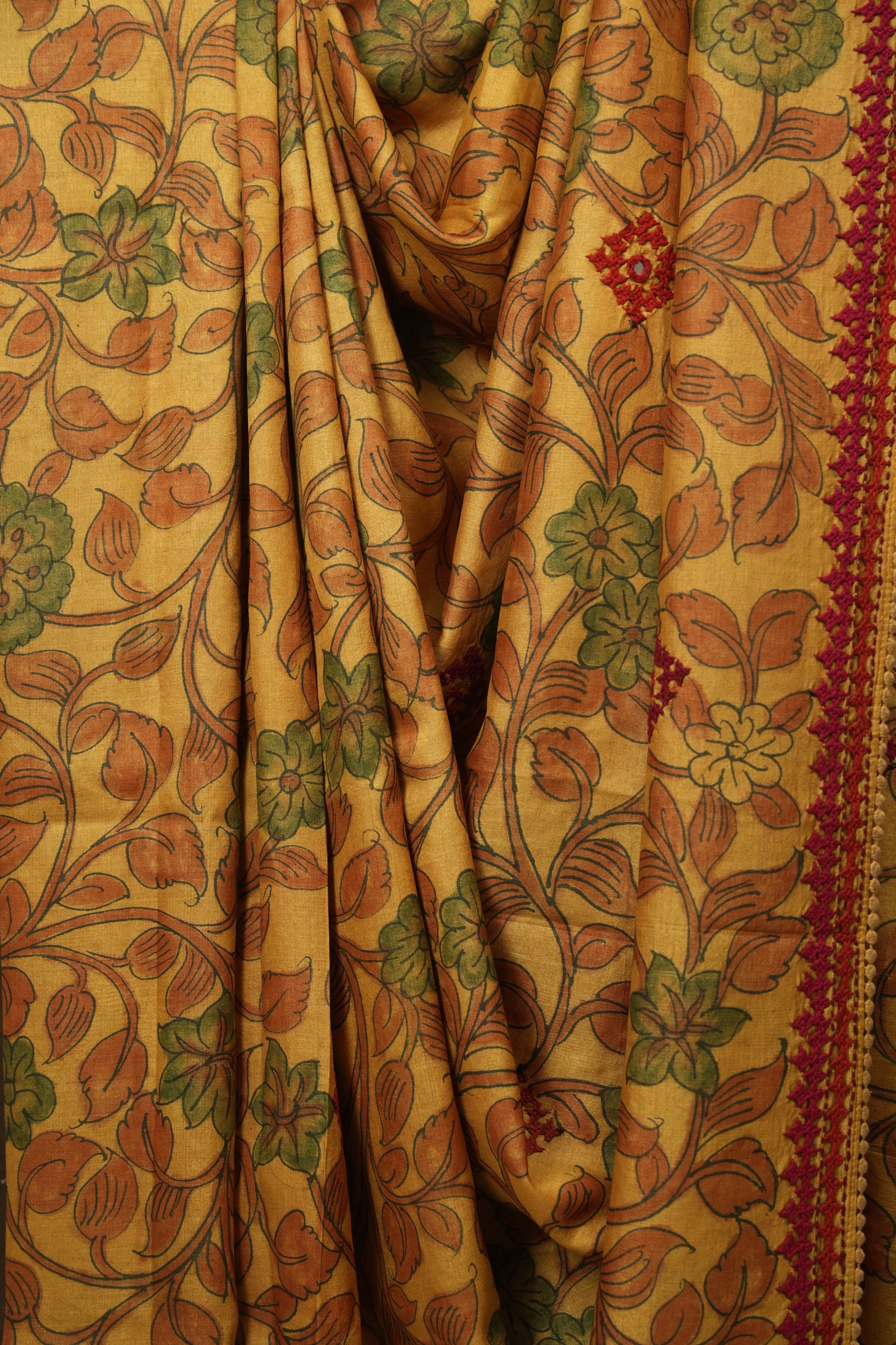 Mustard Kalamkari Tussar Silk saree - SRMKTSS44