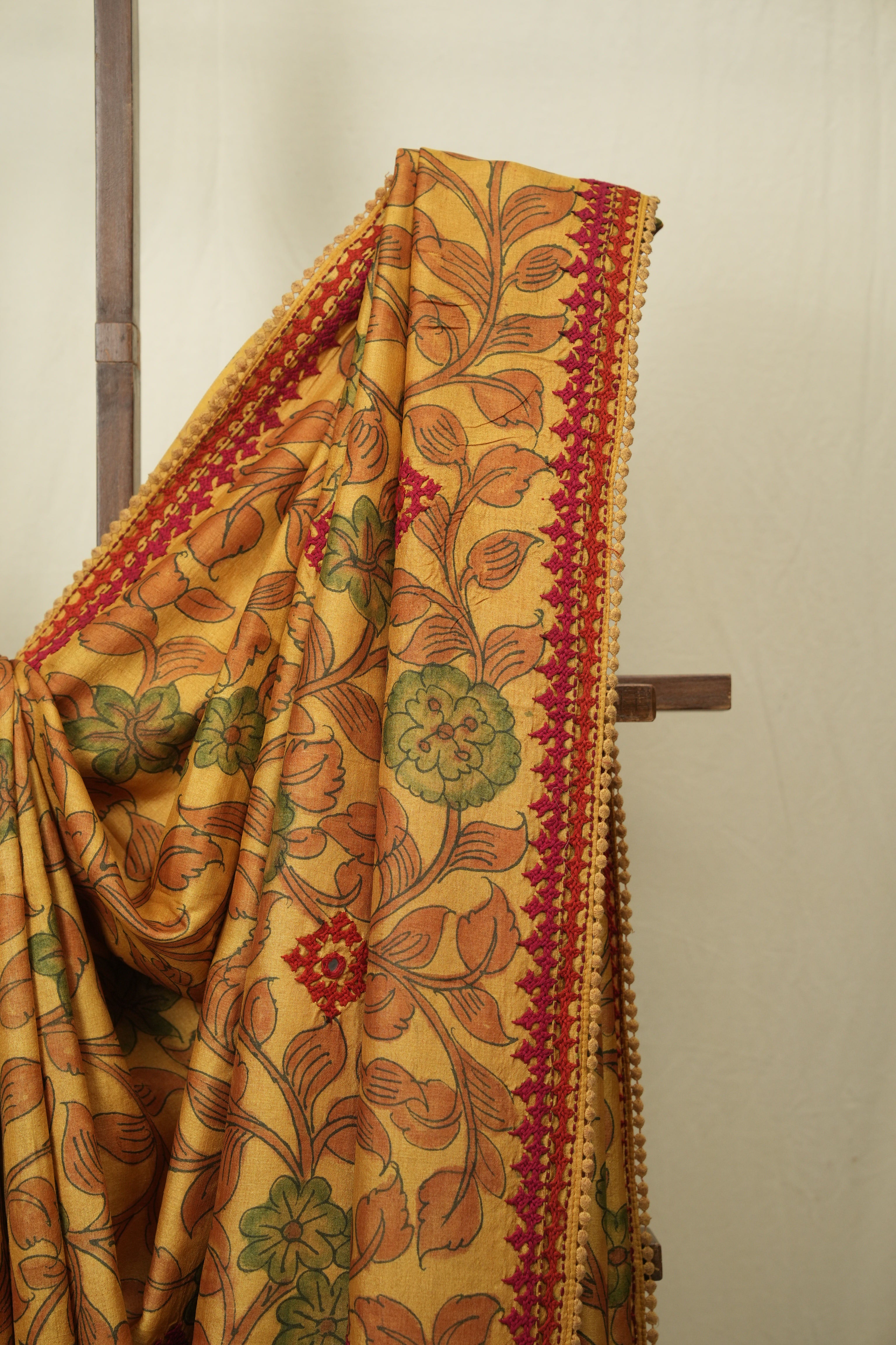 Mustard Kalamkari Tussar Silk saree - SRMKTSS44