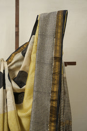 Yellow- White HBP Cotton Silk Saree With Maheshwari Border - SRYWCSS1314