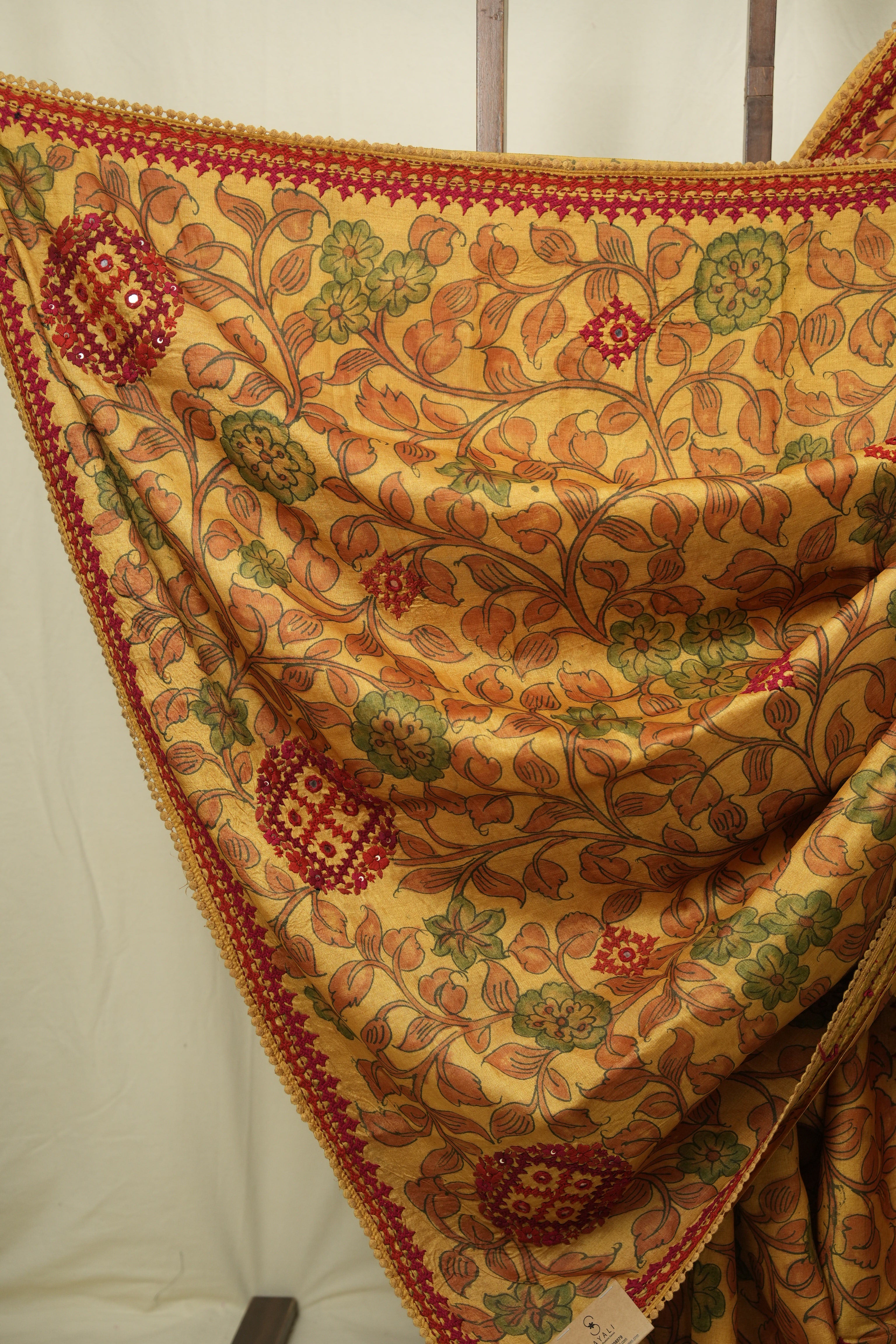 Mustard Kalamkari Tussar Silk saree - SRMKTSS44