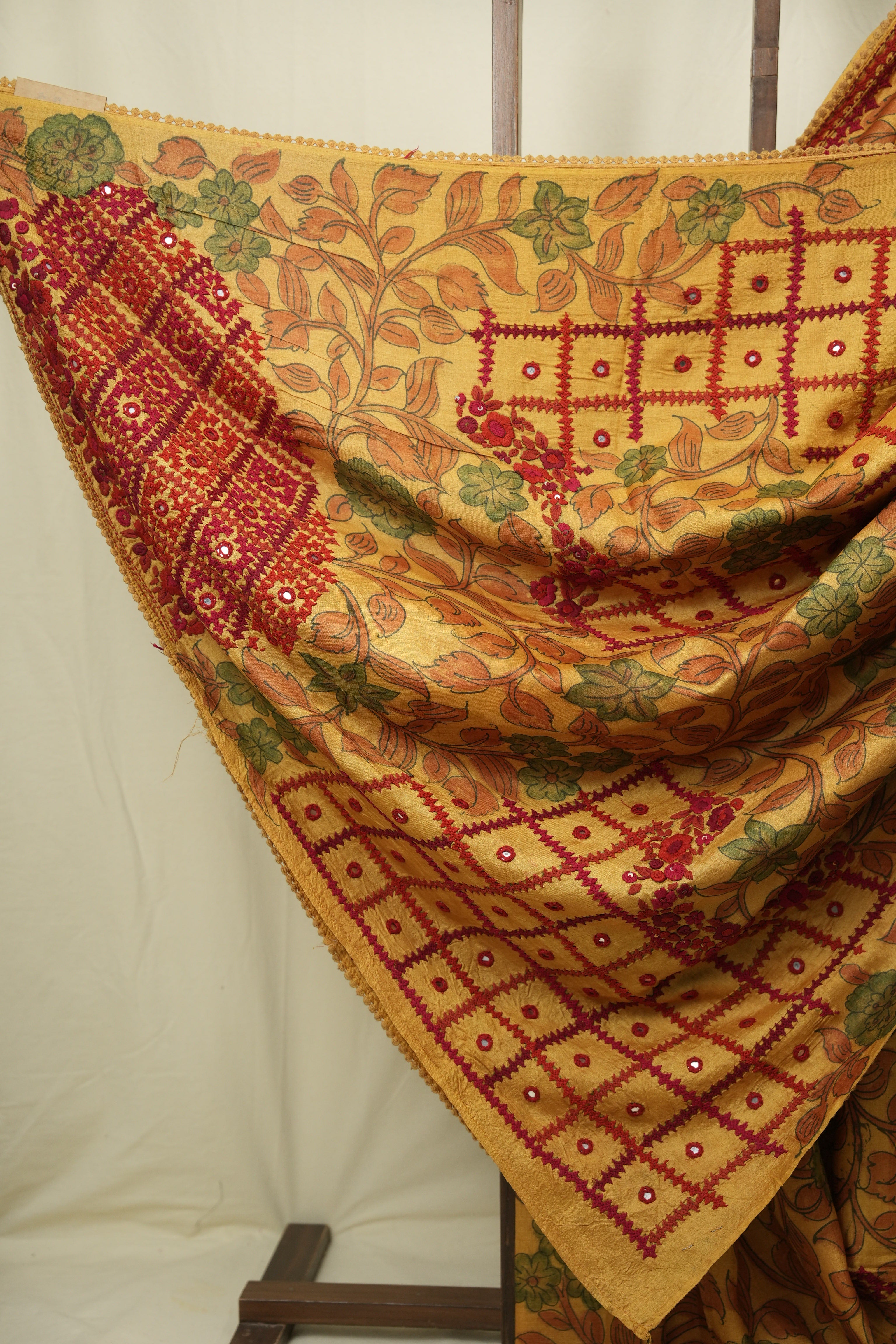Mustard Kalamkari Tussar Silk saree - SRMKTSS44