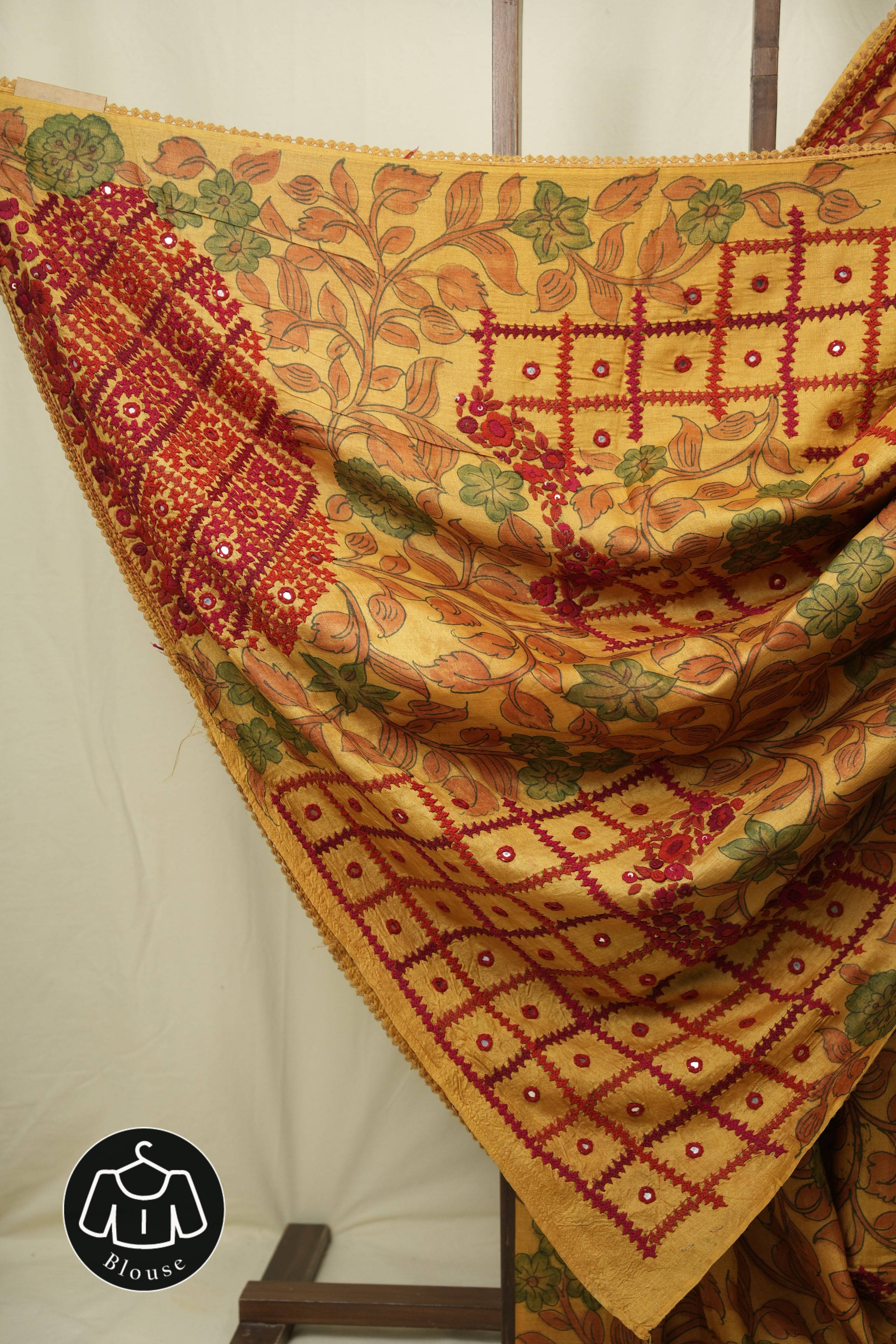 Mustard Kalamkari Tussar Silk saree - SRMKTSS44