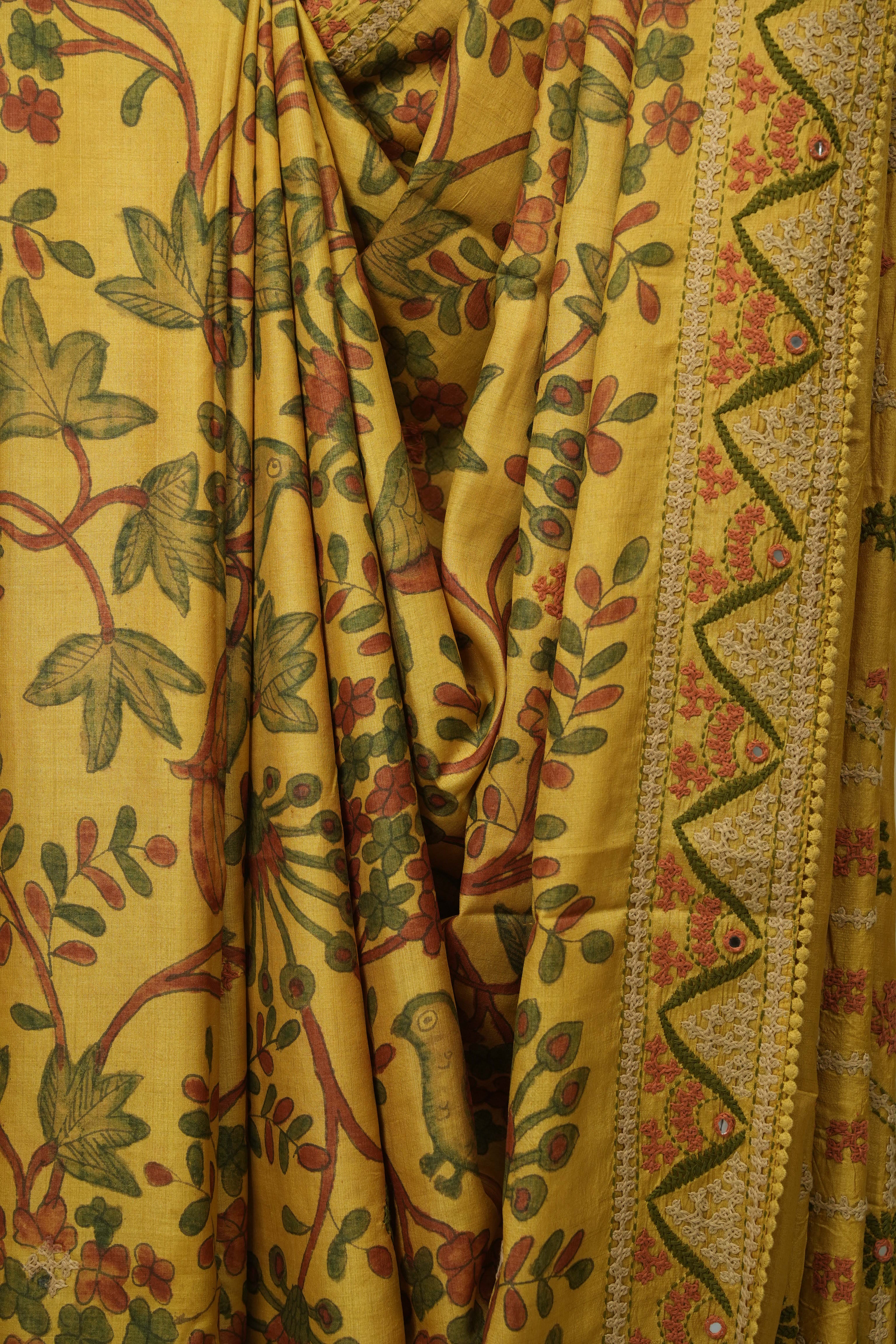 Lemon Yellow Kalamkari Tussar Silk Saree - SRLYKTSS43