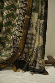 Mehandi HBP Cotton Silk Saree With Maheshwari Border - SRMCSS1732