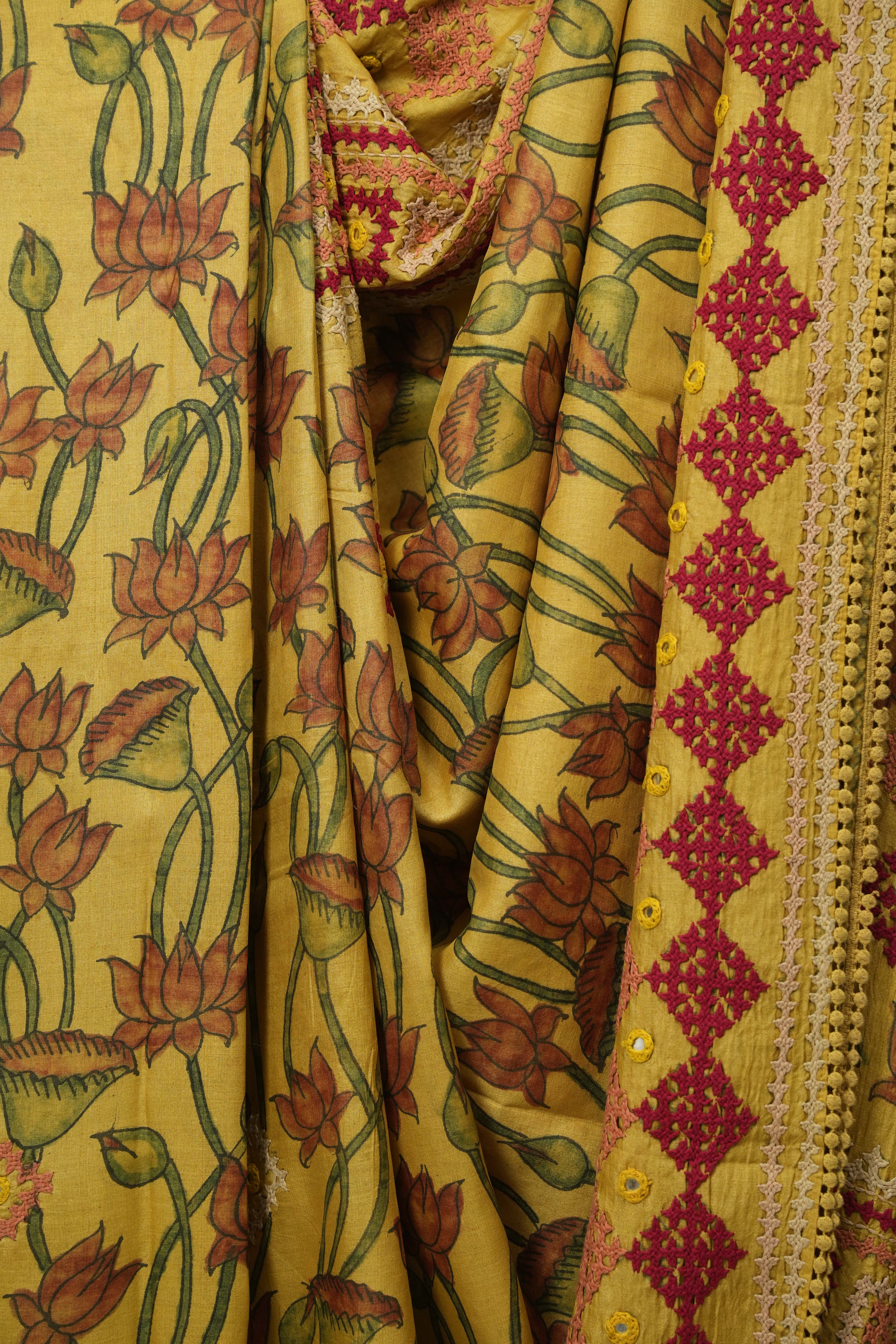 Yellow Kalamkari Tussar Silk Saree - SRYKTSS45